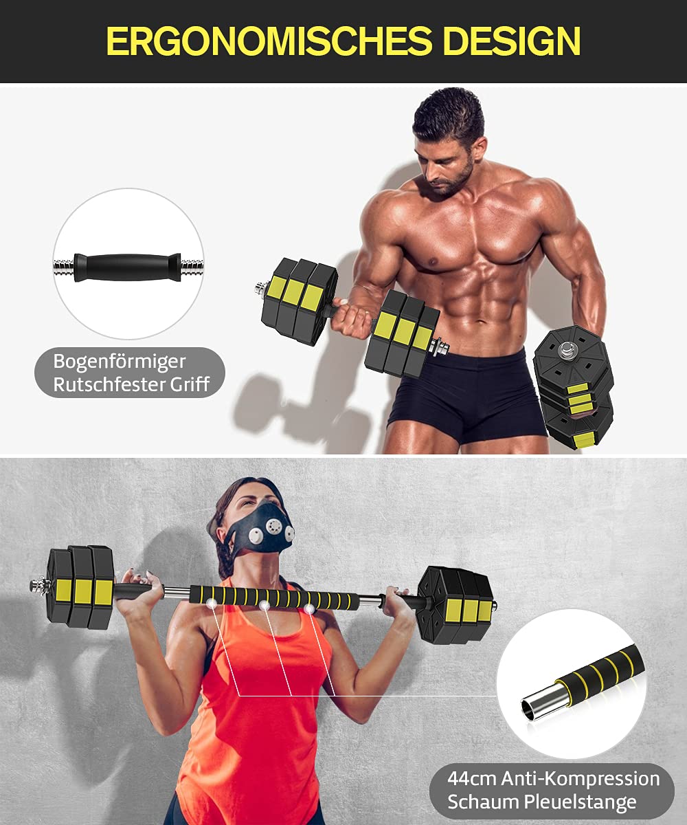 Verstellbares Hanteln Langhanteln Gewichte Set, 3IN1 Kurzhanteln Hantelset mit Solide Hantelgriffen Bis zu 10kg 15kg 20kg Freies Gewicht Dumbbell für Bodybuilding Fitness Gewichtheben Training