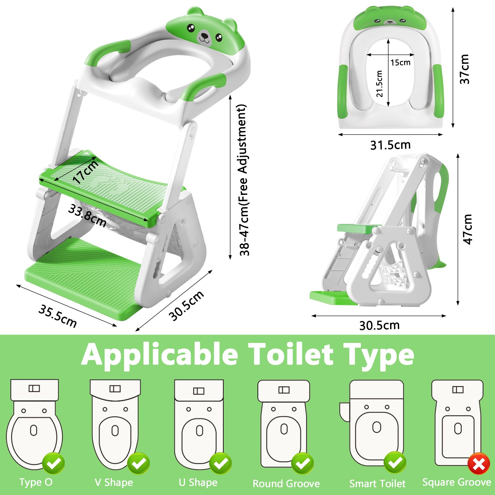 Reducteur Toilette Enfant, Reducteur Wc Enfant,2 en 1 Rehausseur Toilette Enfant avec Coussin Anti-éclaboussures et Antidérapant,Tabouret d'escalier,Réducteurs de Toilettes Pliable et Réglable