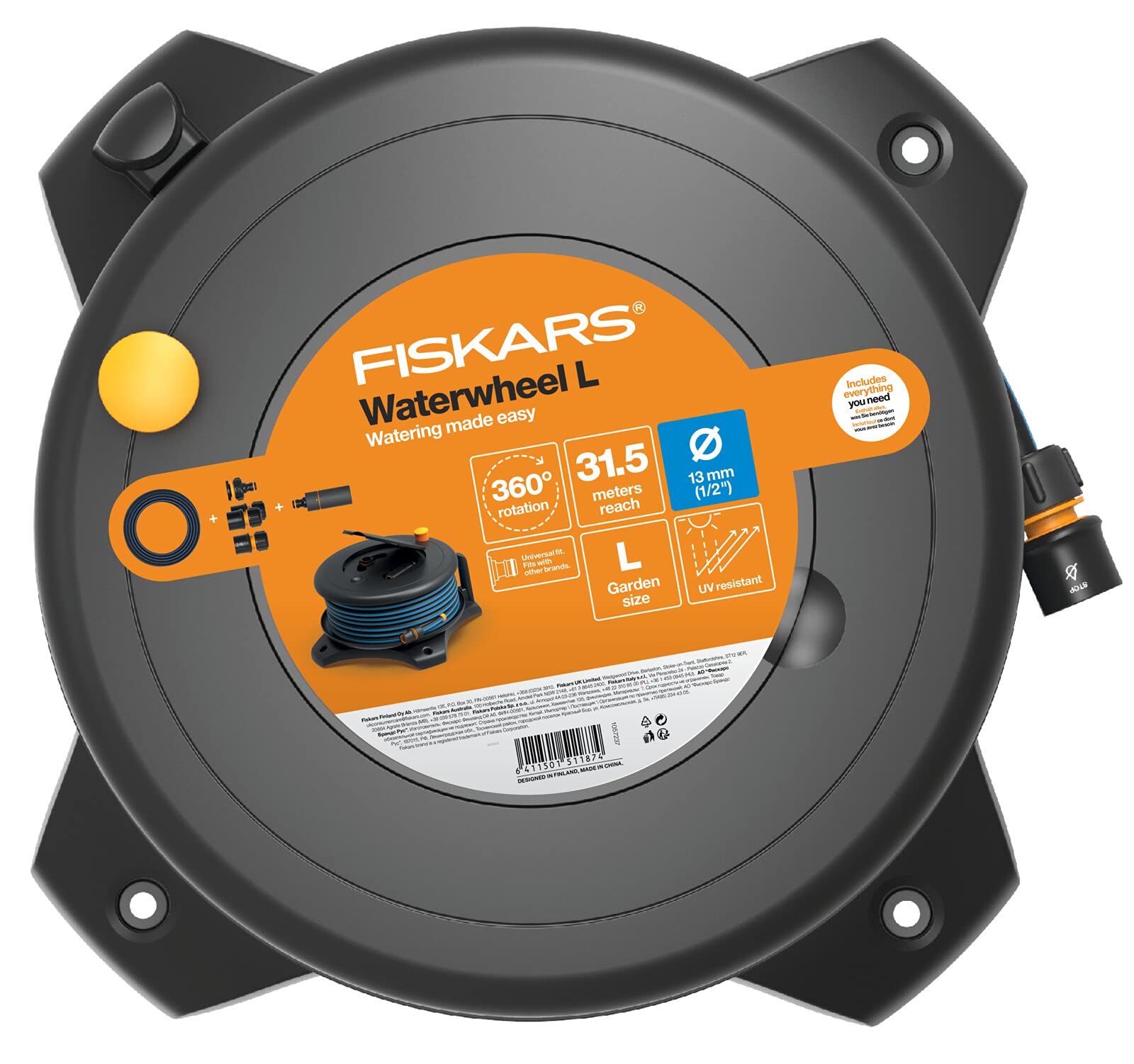 Fiskars Waterwheel L, Bewässerungs-Set, Gartenschlauch in Universalgröße (Ø 13 mm), Universal-Schlauchanschluss (Ø 13-15 mm), Universal-Hahnverbinder, Schlauchdüse, Schwarz/Orange/Blau, L