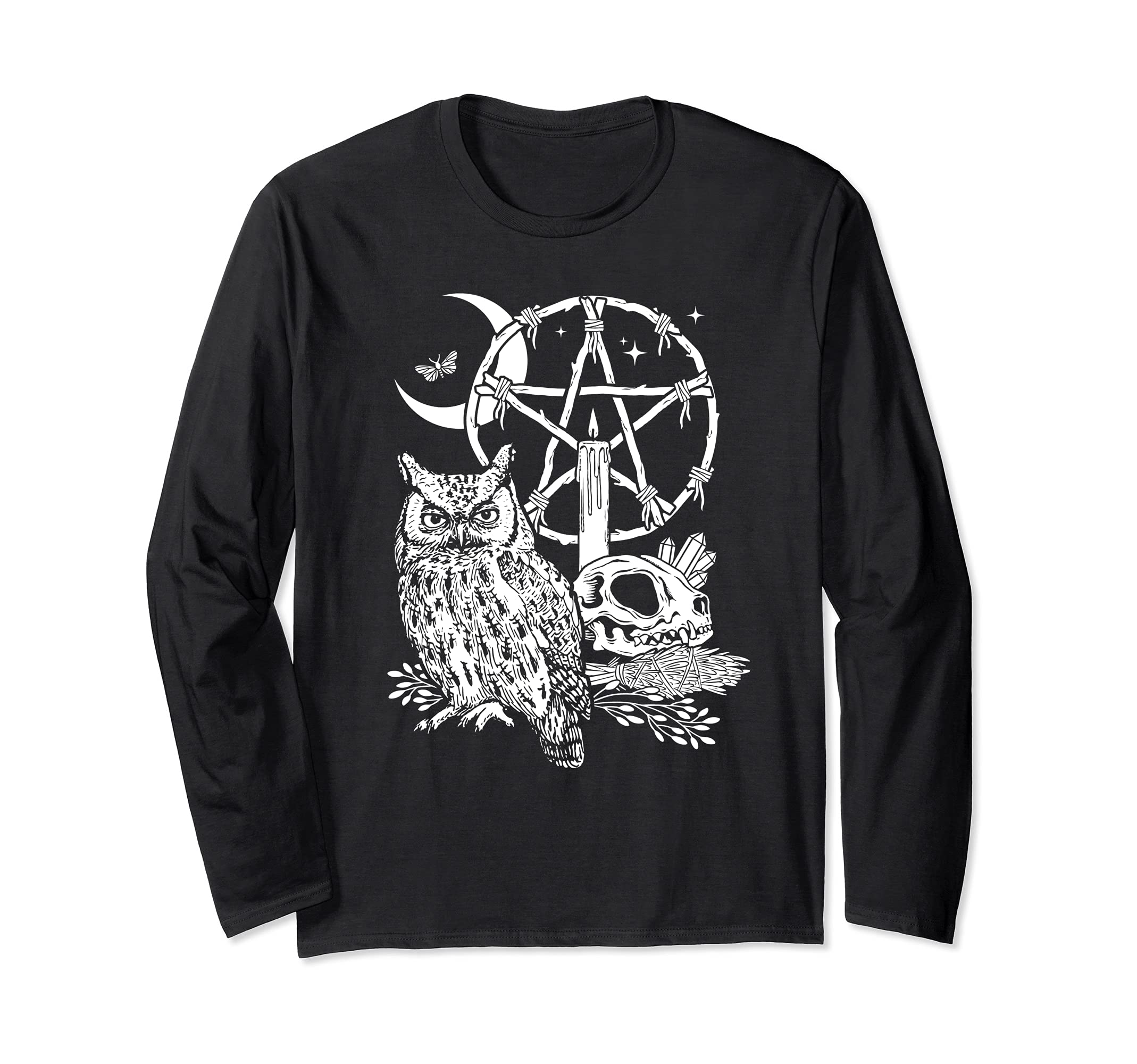 Wiccan Witch Owl, Candle, Moon, Skull, Pentacle Illustration Long Sleeve T-Shirt, Black