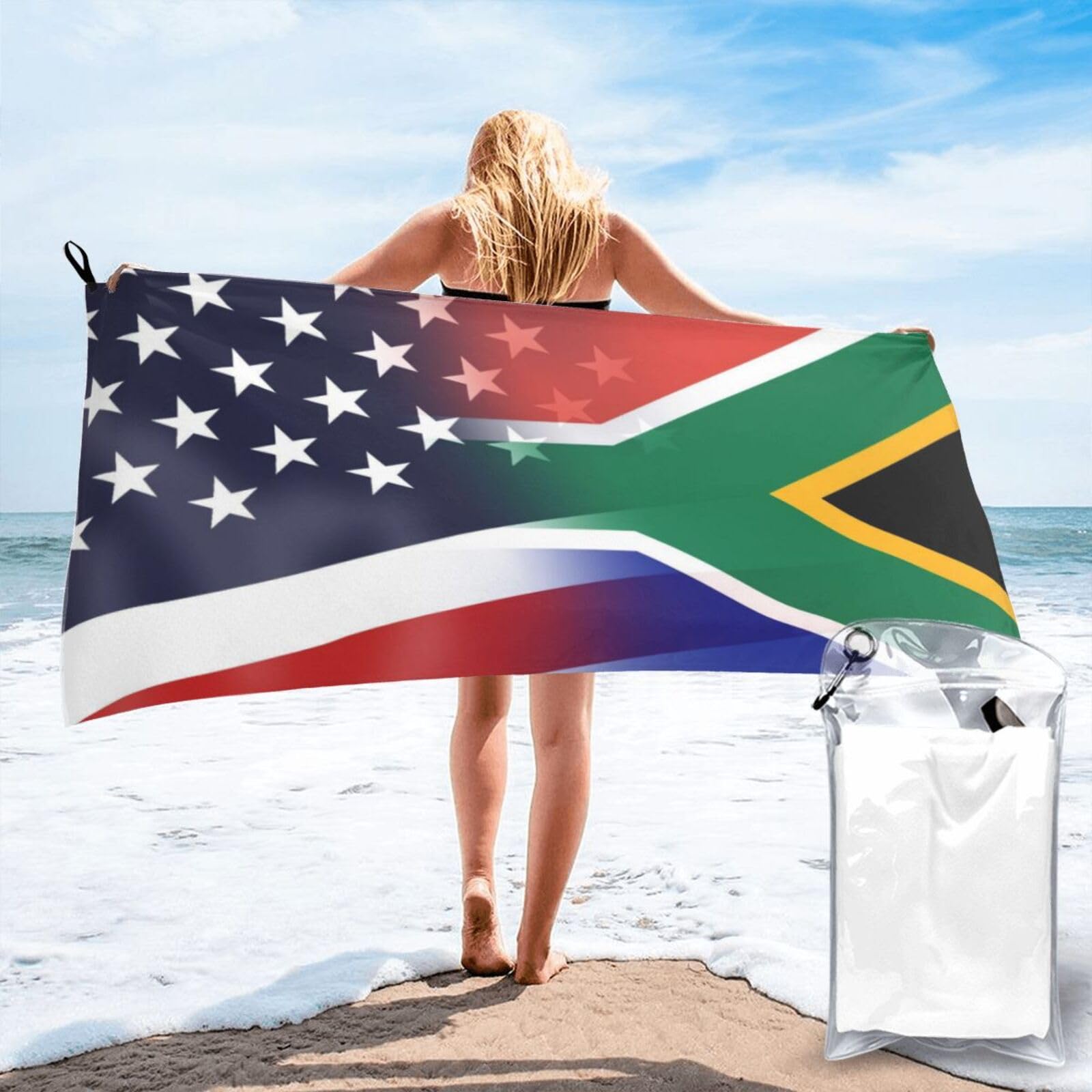 HACXZ Funny America Flag and South Africa Flag Absorbent Beach Towel Microfiber Beach Shower Towel 27.5"X55"