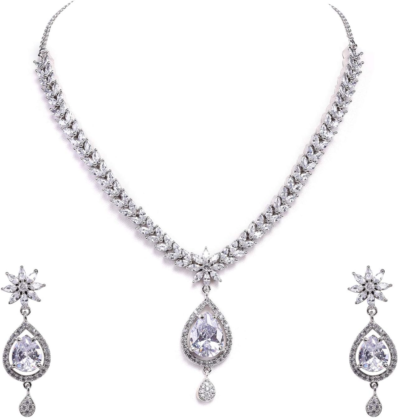 Ratnavali Jewels Women's Gold Tone Cubic Zirconia Pendant Necklace Earrings Set for Brides and Weddings RV2916