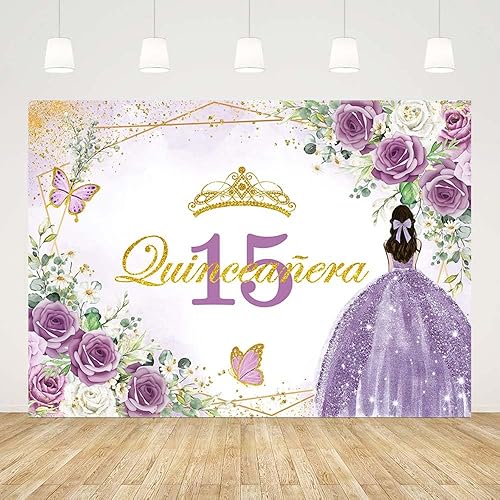 AIBIIN Fondo morado de quinceañera de 15 años de 7 x 5 pies, decoración de fiesta de cumpleaños de 15 años de color morado con mariposas florales y