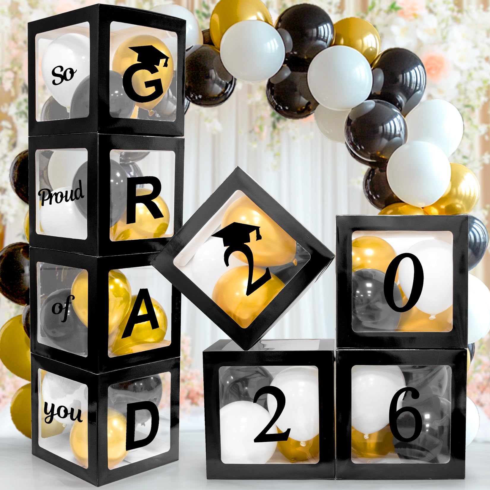 Graduation Party Decorations 2026 - Class of 2026, Black Balloon Boxes with Letters 2026 GRAD So...