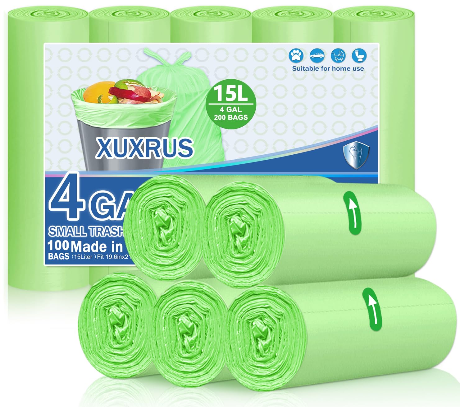 XUXRUS 100 Pezzi Sacchetti Immondizia 15 Litri, 50×55cm, Sacchetti Spazzatura Piccoli, Sacchi Rifiuti, Verde, Antistrappo, Resistenti, Alta Qualità per Bagno, Cucina, Soggiorno