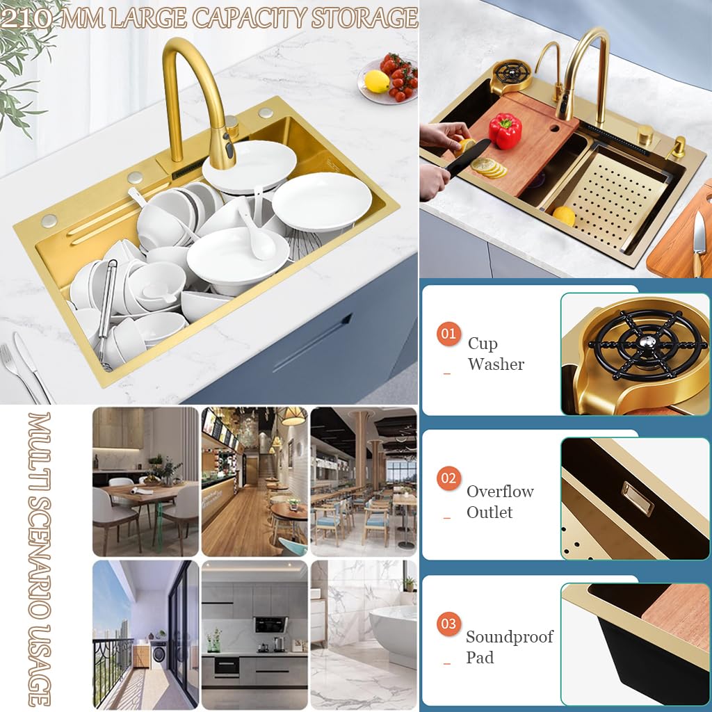 80 × 45 cm, lavello a cascata in acciaio inox con rubinetto 3 in 1, multifunzione, lavello da cucina singolo, con cestello di scarico, vasca di scarico, tagliere, vassoi per tazze