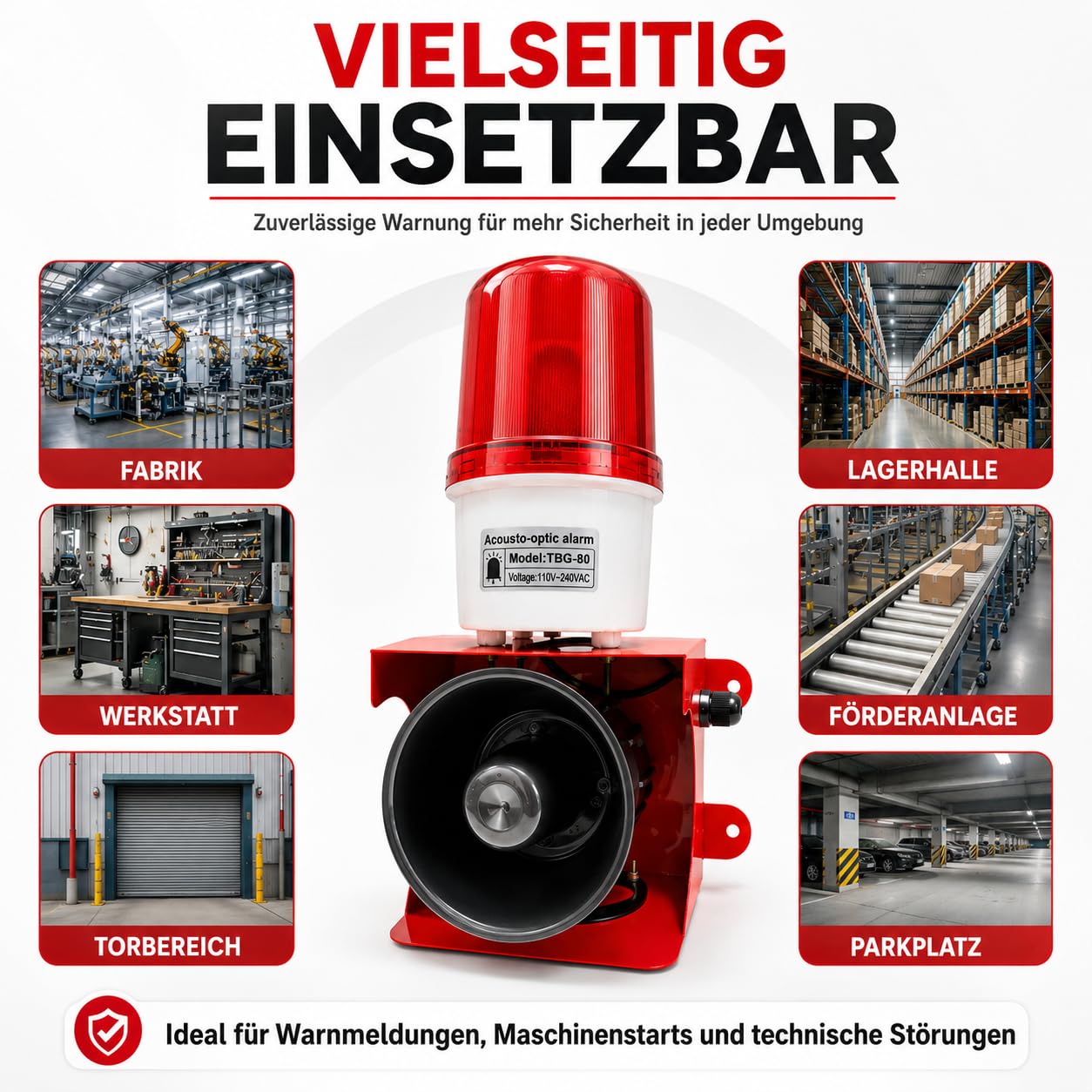 Valchoose Industrielle Alarmsirene 115 dB mit LED-Blitzlicht, IP65