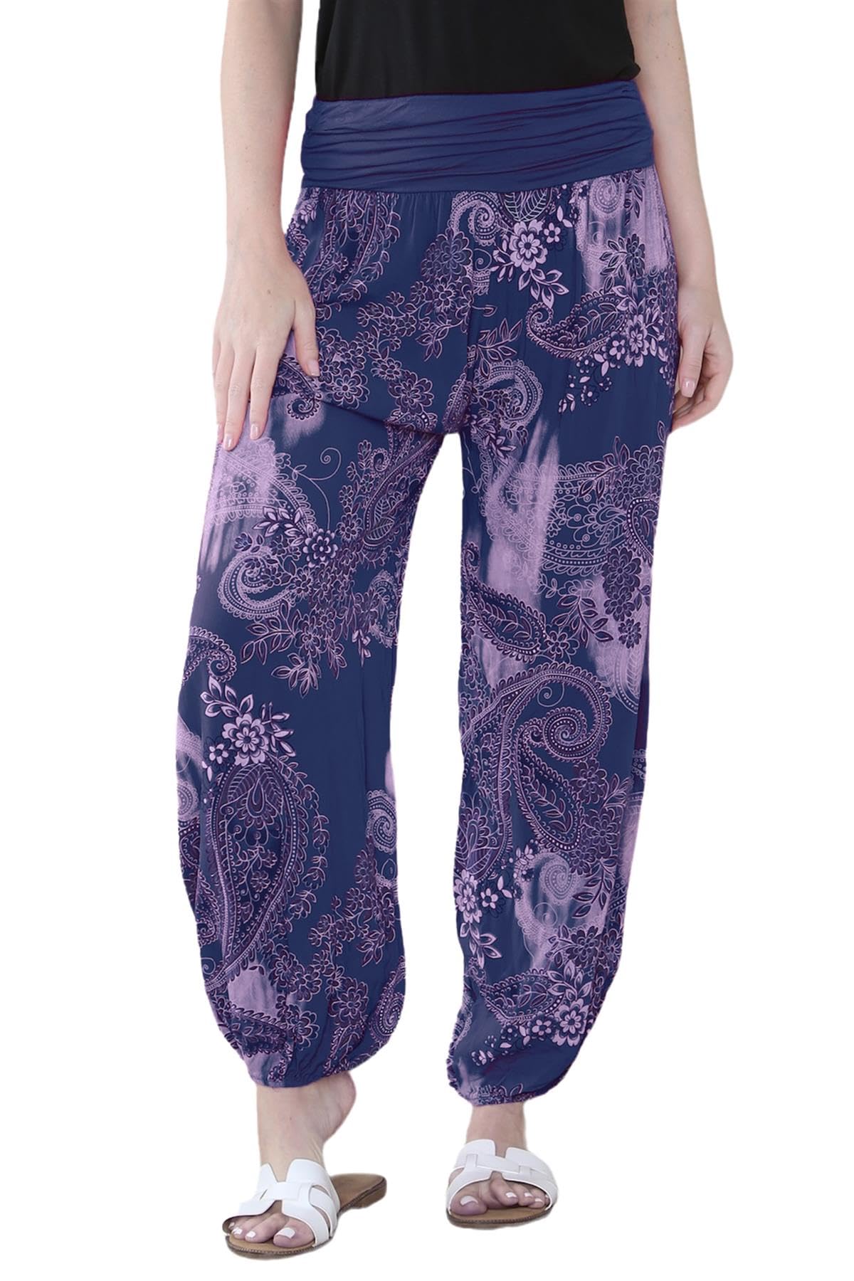 Hamishkane Women's Navy Paisley Hamishkane® Italian Paisley Print Baggy Harem Alibaba Pants Trousers Comfortable & Stylish Loose Fit Harem Trousers For Uk | Fashionable Summer Trousers For