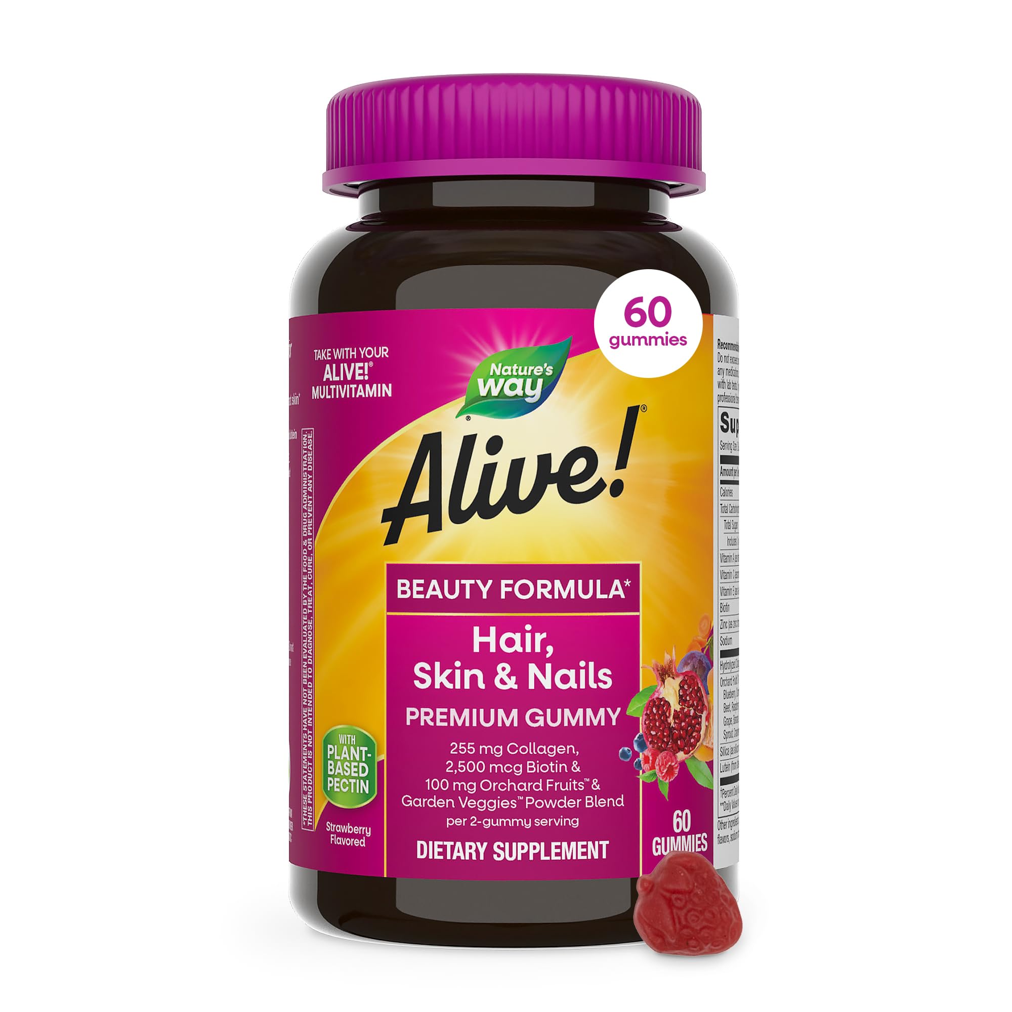 Nature's Way Alive! Premium Hair, Skin & Nails Gummies, Strawberry, 60 ct