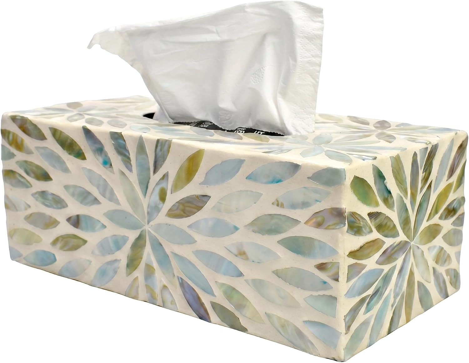 Hand-Made Tissue Box Cover Rectangular Decorative Tissue Box Holder with Natural Shells for Elegant Decor (Colorful Blue Leaves R)