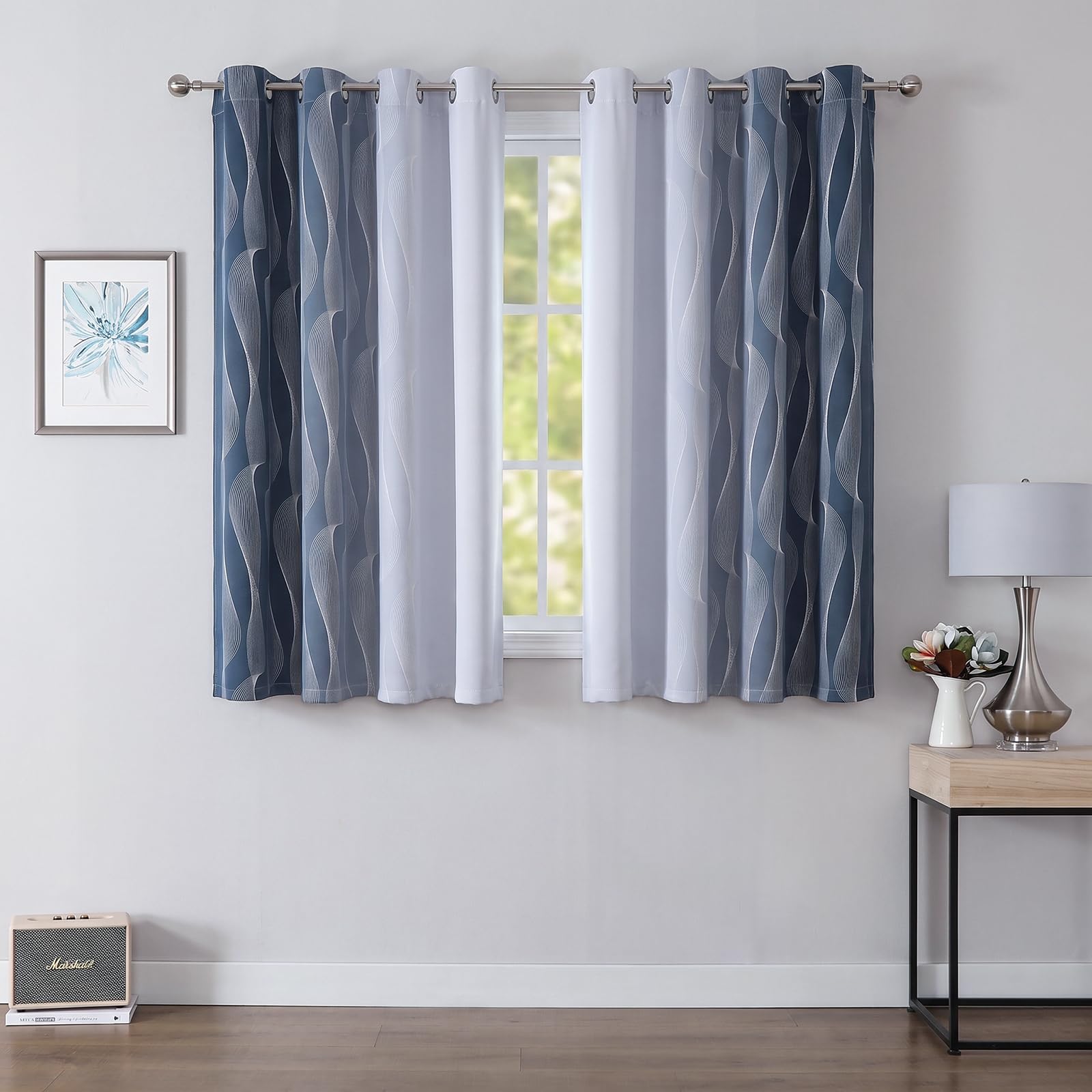 Gazal Vole Blue and White Ombre Curtains for Boy's Room – Modern Gradient Drapes with Wave Line Pattern, 54 inch Drop, 80-90% Room Darkening for Kids Playroom Living Room Office, 2 Panels