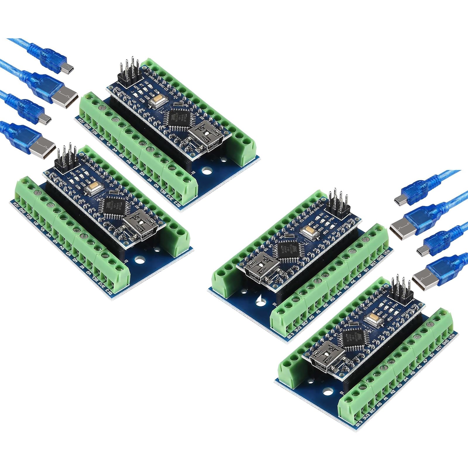 Set di 4 pezzi: mini moduli scheda controller per Nano V3.0 ATmega328P compatibile con Arduino, viene fornito con cavo USB + adattatore terminale a vite di espansione I/O Shield Breakout per Nano V3.0