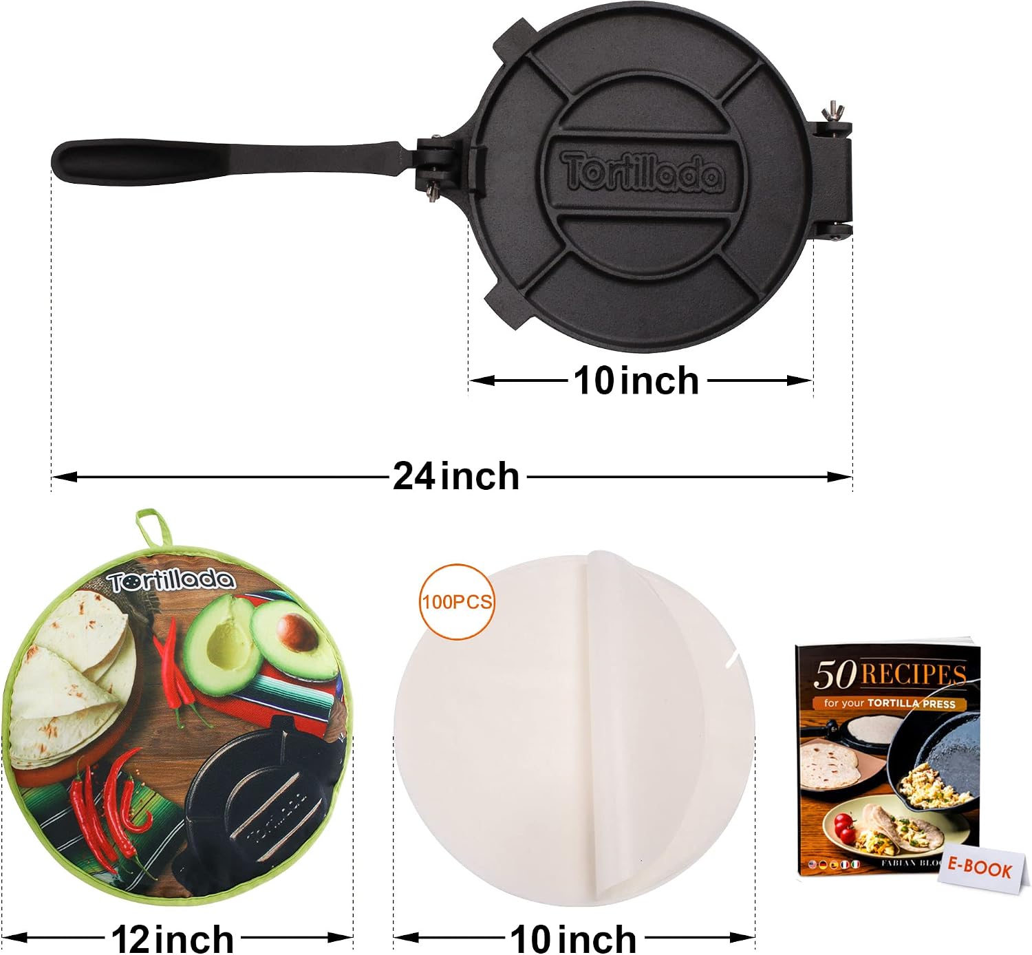 Tortillada – Premium Cast Iron Tortilla Press with Recipes E-Book (10 Inch) + Tortilla Warmer incl. 100pcs Parchment Paper