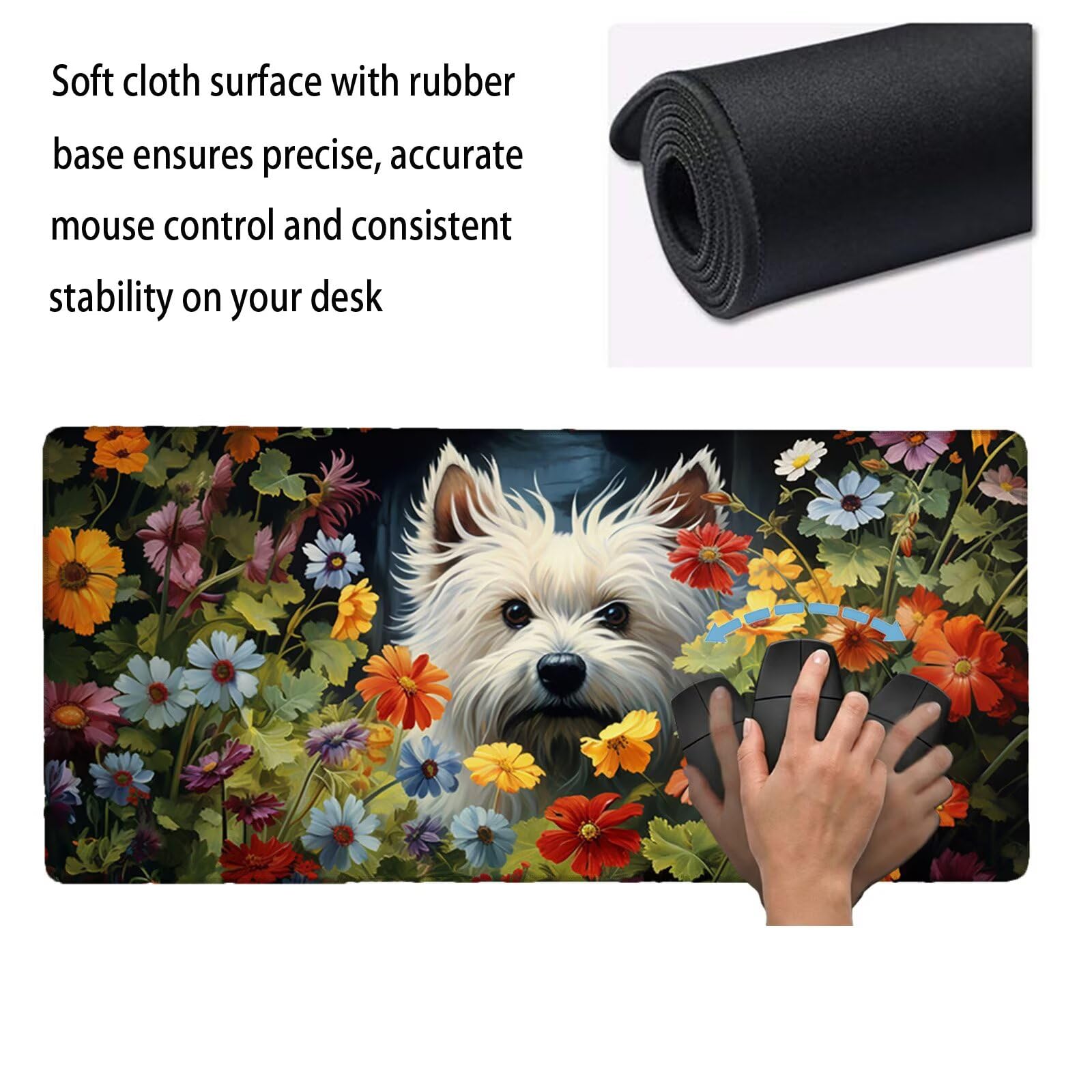 Alfombrilla Ratón XXL 1200 x 600 x 3 mm, Alfombrilla Escritorio, Flor Grande Protector de Mesa con Base de Goma Antideslizante y Bordes Cosidos, Impermeable, para Oficina, PC, Gaming (Perro) L-x3558