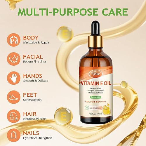 Miniatura 4 de Aceite de vitamina E 100% puro y natural, 70,000 UI de aceite orgánico de vitamina E prensado en frío para piel, cara, cabello, uñas y cicatrices,