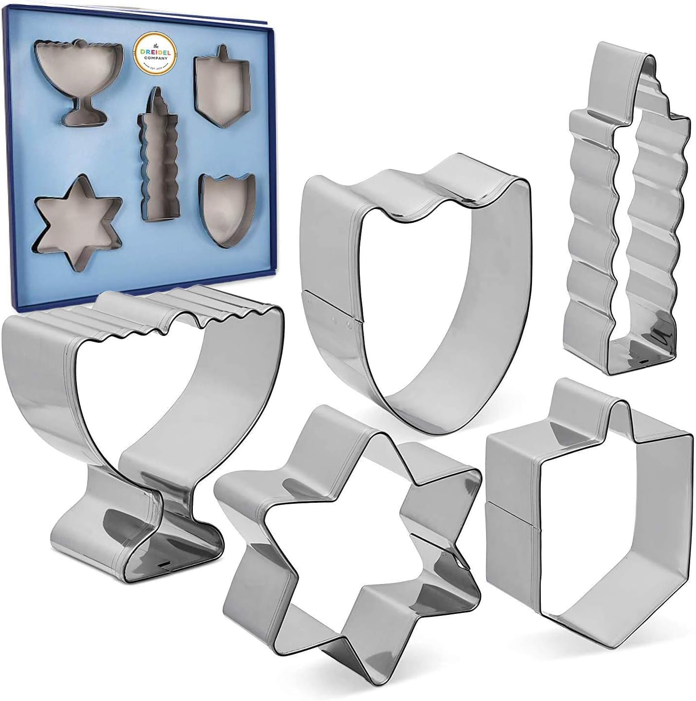 Stainless Steel Hanukkah Cookie Cutters - 5 Shapes (Menorah, Dreidel, Chanuka Candle, Star, Shield)