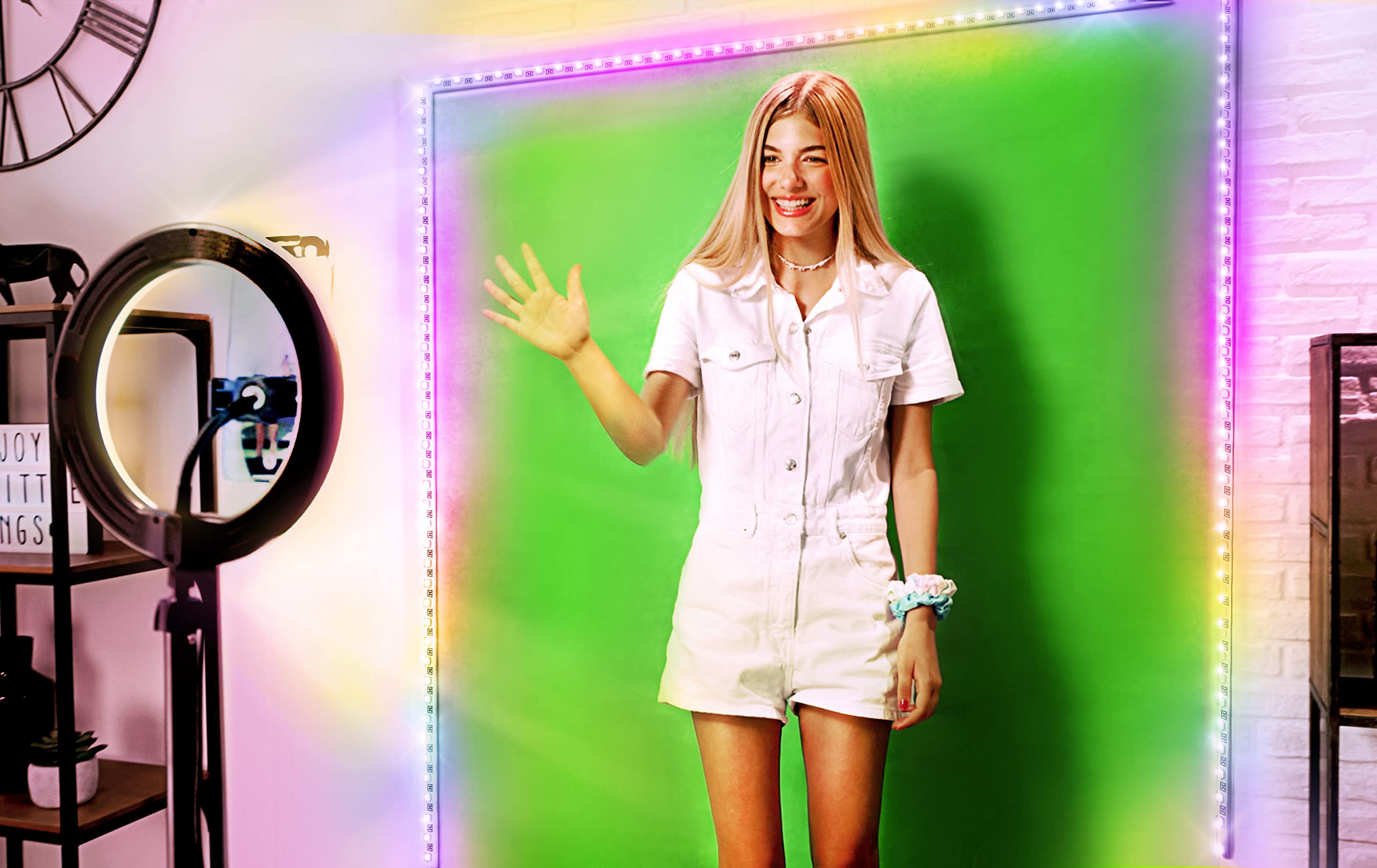 Kit de Video LED Deluxe, Tira de luz LED de 5 m, Anillo de luz LED + trípode, Pantalla Verde XL, TikTok/Youtube/influencers. para Mayores de 8 años