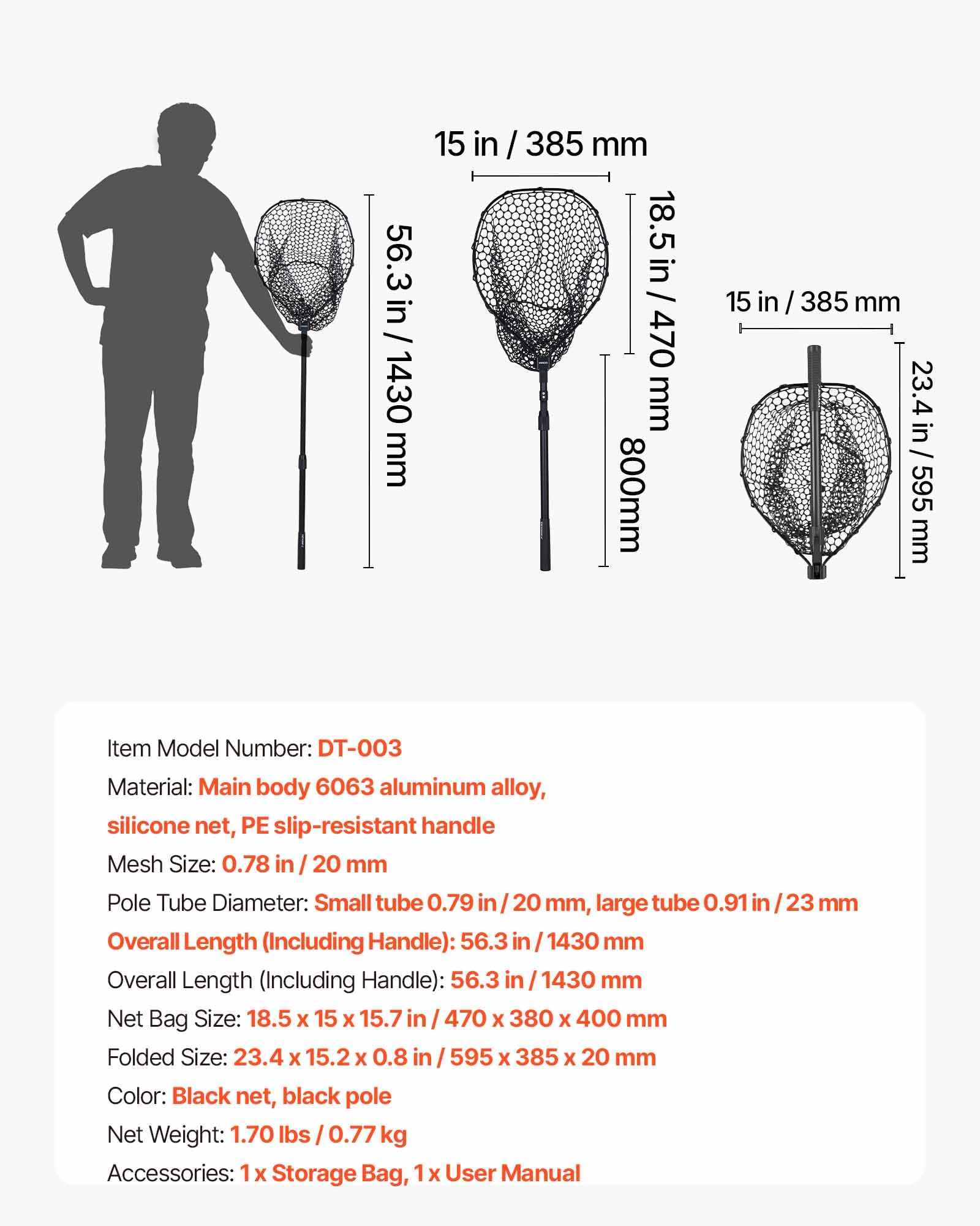 VEVOR Angelkescher Teleskopisch 143 cm, Unterfangkescher mit Fischschonendem Fischnetz aus Silikon (20 mm Maschenweite), Kescherstange aus 6063 Aluminiumlegierung mit Rutschfestem PE Griff