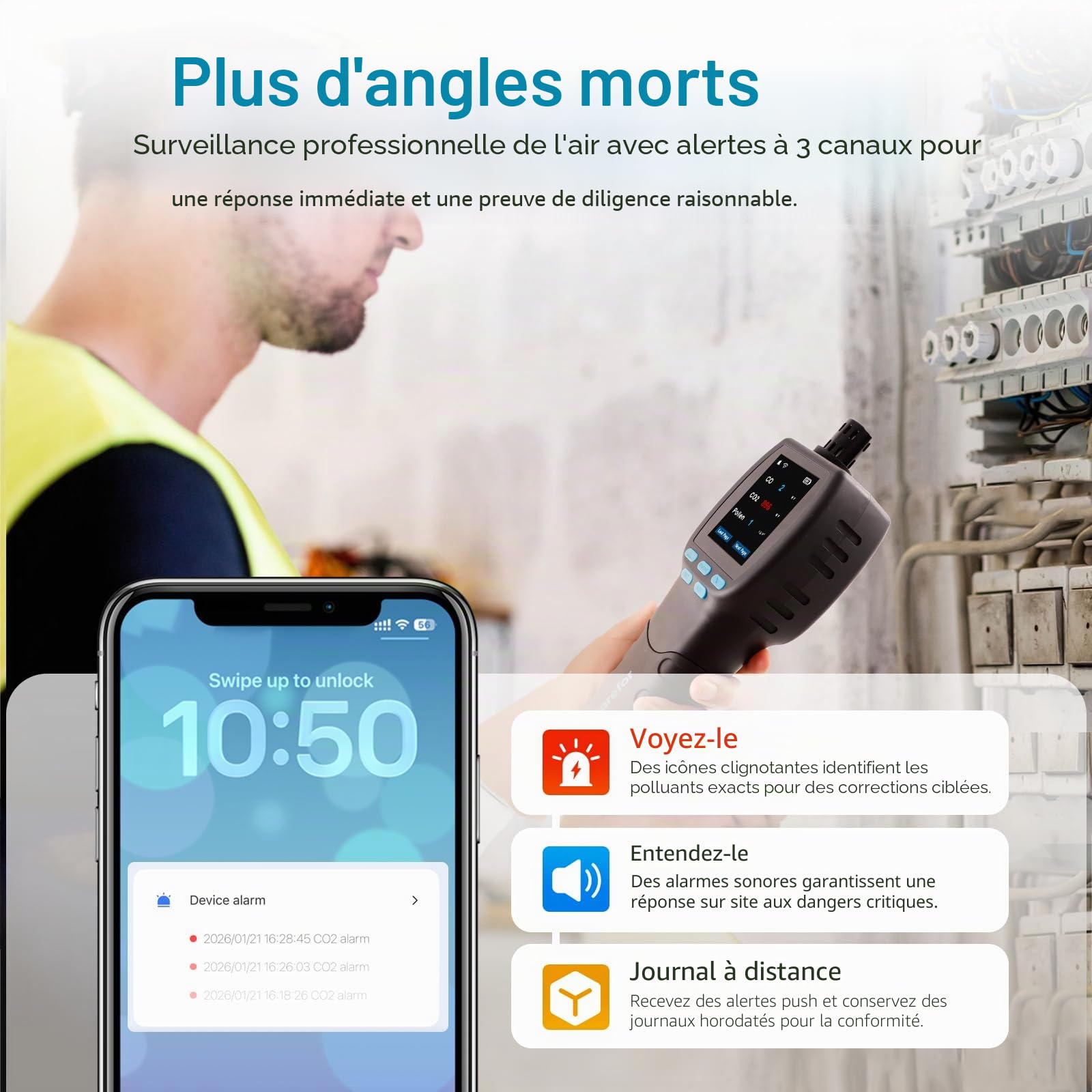 Upgraded CF‑60 PP SMART Moniteur professionnel de qualité de l'air, graphiques à l'écran sur 12 heures et rapport CSV pour la maison, le bureau, le laboratoire et la prévention des moisissures