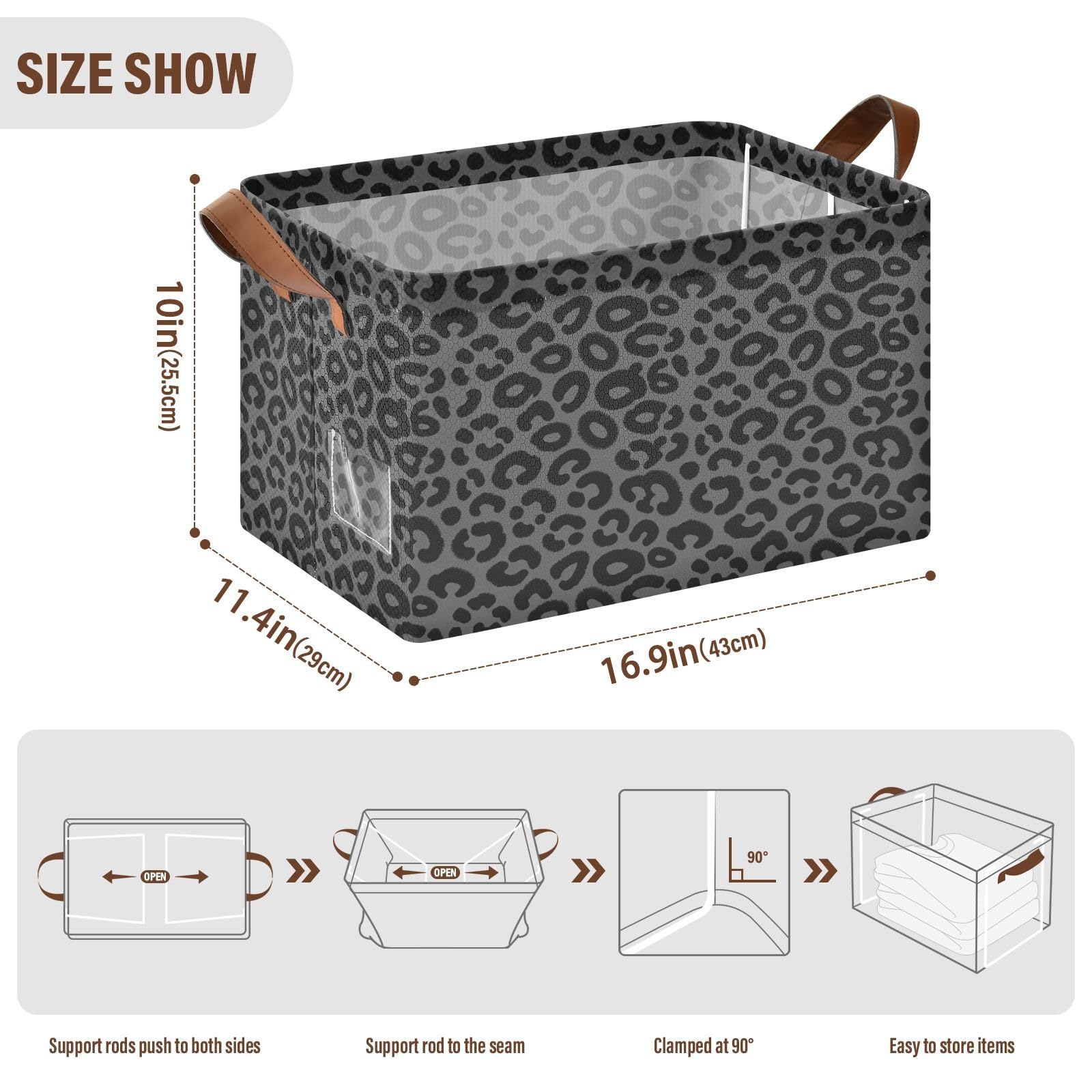 FRODOTGV Contenedores de almacenamiento abiertos para armario, dormitorio, cocina, negro, gris, leopardo, M