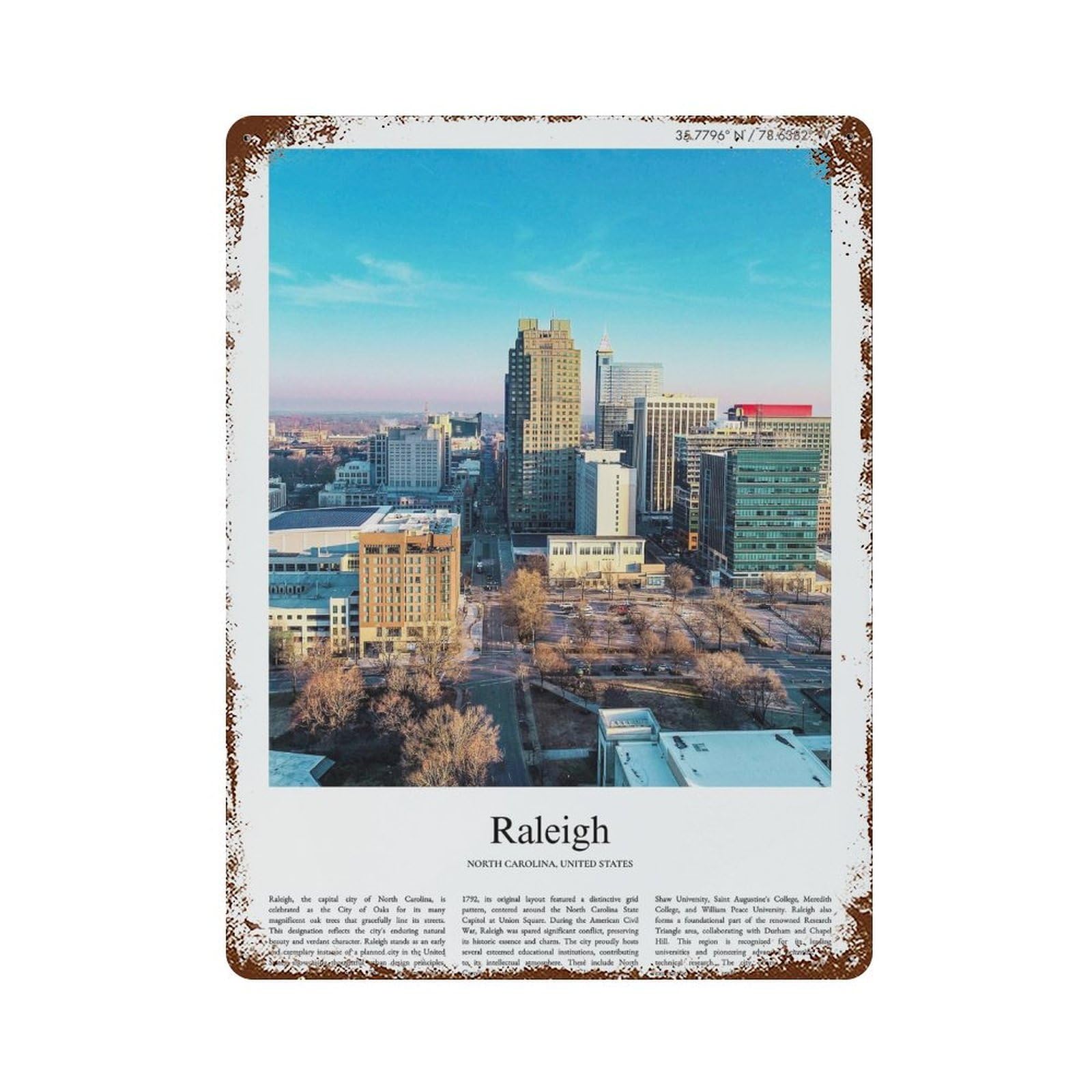 xiaoxiaoshen Raleigh North Carolina, United States, USA City Scenery Wall Decor Art Metal Tin Poster Modern Home Decor Art Home Bar Shop Decorations Vintage Sign 40x30cm