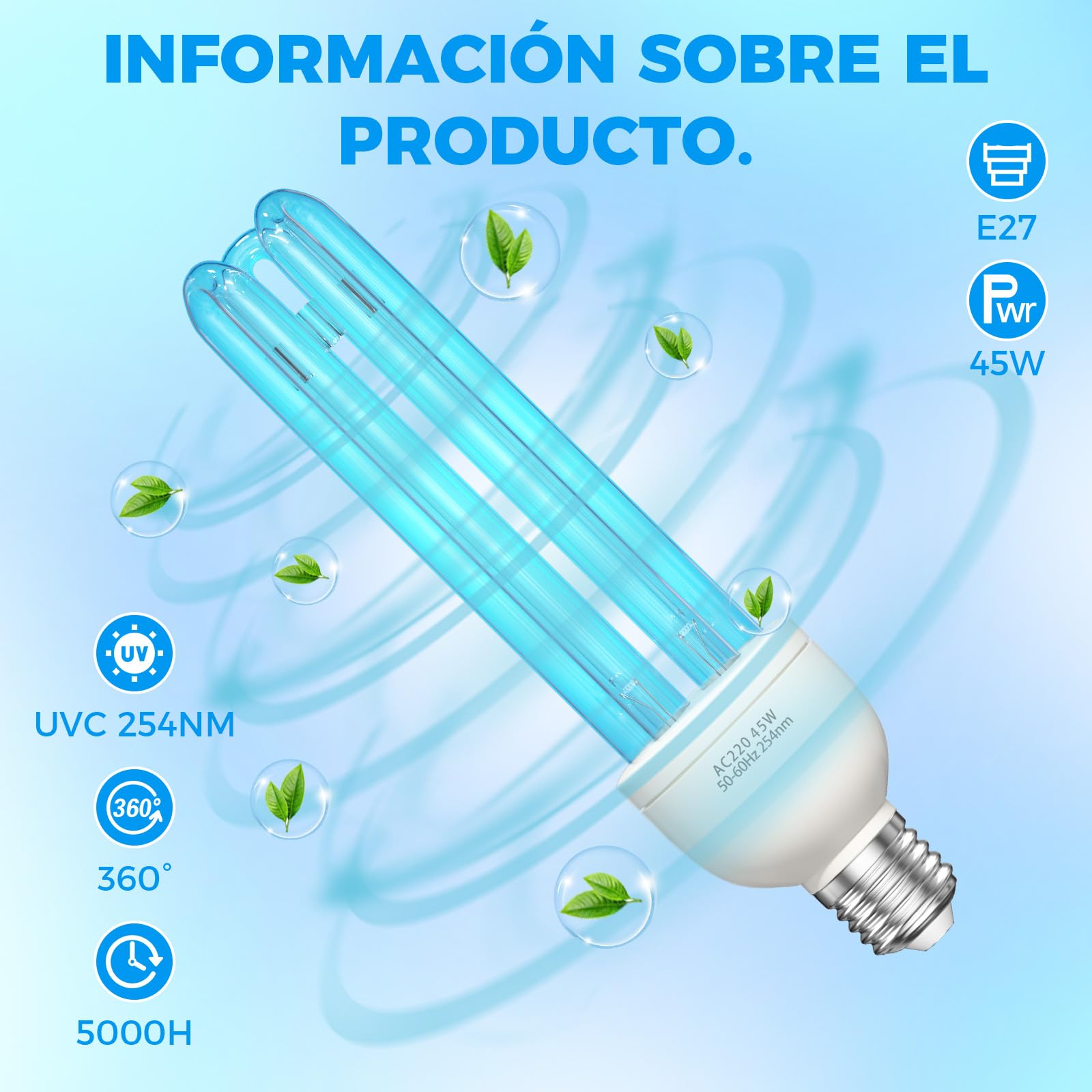 Lámpara de Desinfección de Ozono 45W,Lámpara de Desinfección UV E27, Germicida con Luz de Ozono,Perfecta para Escuela,Hotel,Hospital,Laboratorios,Oficina,Cantina