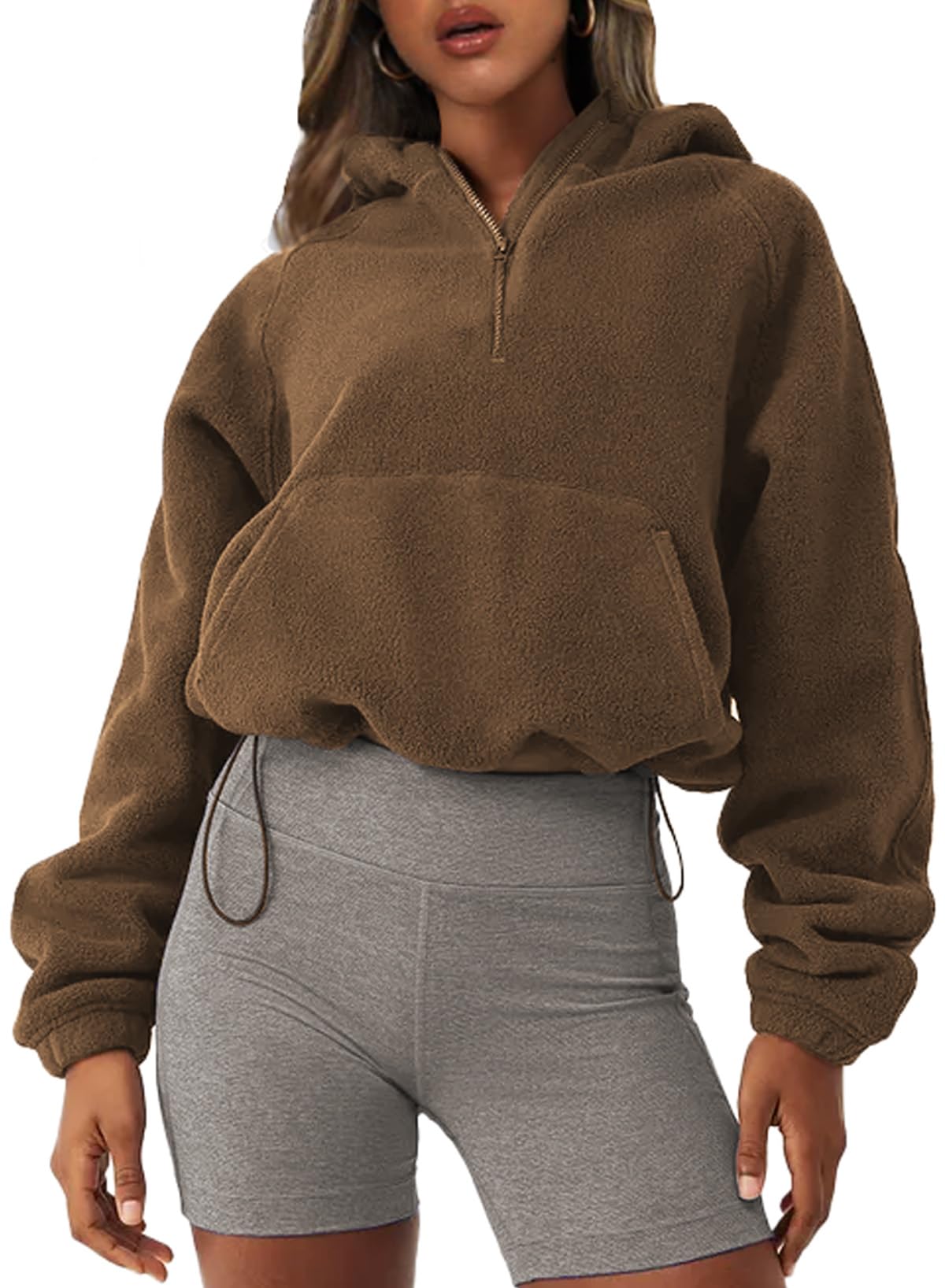 Photo 1 of BLENCOT Women Half Zipper Hooded Sweatshirts Long Sleeve Fleece Cropped Hoodie Winter Warm Drawstring Sherpa Pullover Tops X-Large Fleece Brown