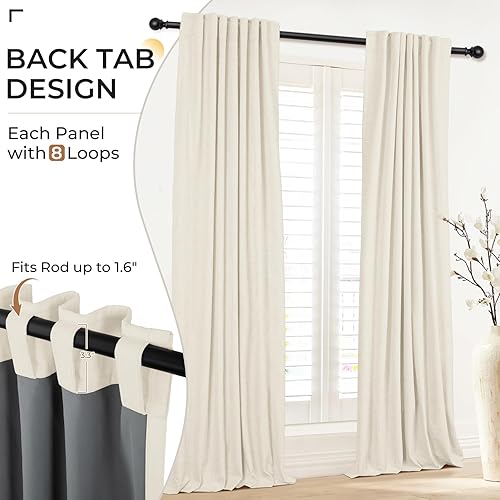 Miniatura 8 de INOVADAY Juego de 2 paneles de cortinas 100% opacas de 96 pulgadas de largo, con pestaña trasera, bolsillo para barra, cortinas opacas de lino para