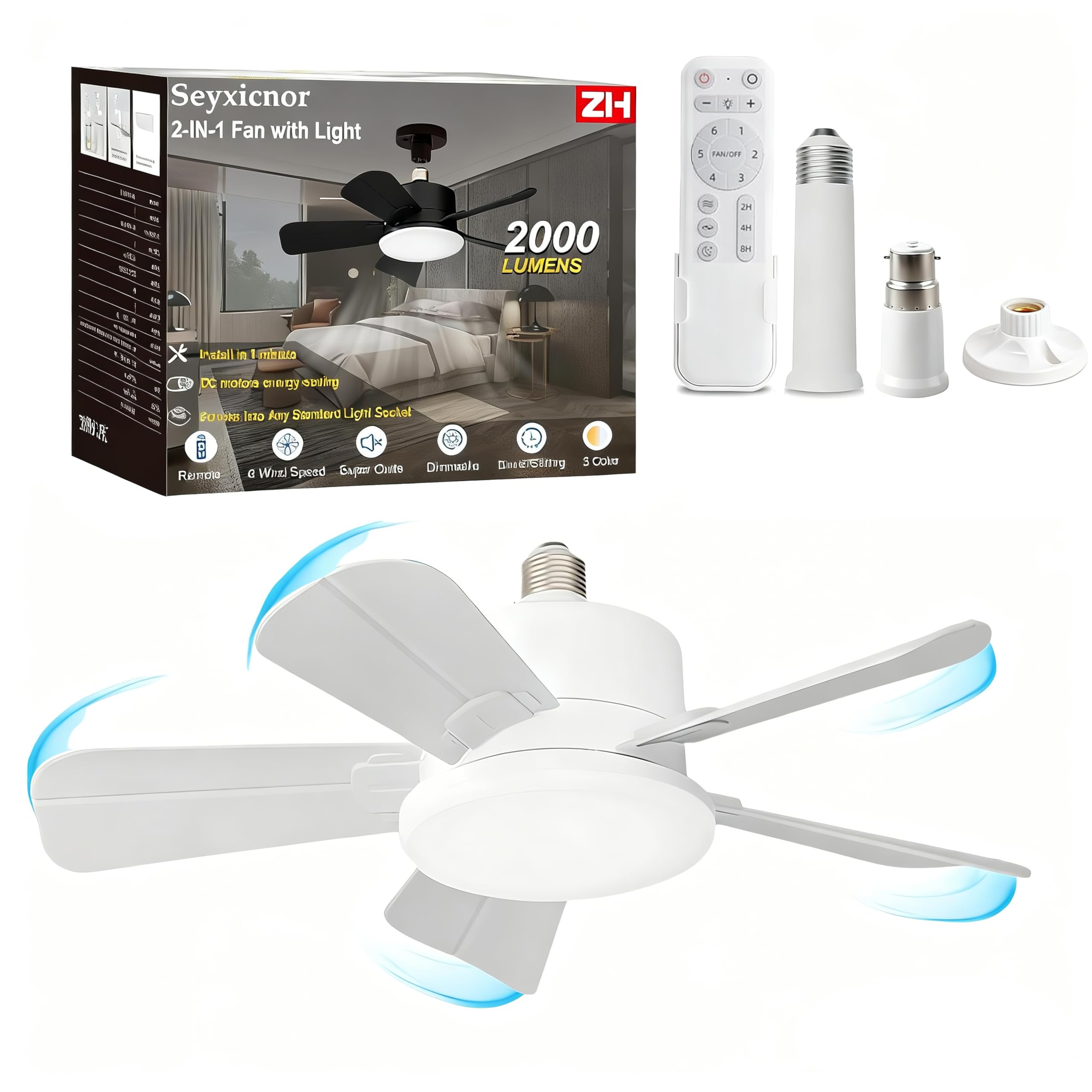 Ceiling Fan with Lights and Remote, Fits E27/B22 Socket, 2000LM 3CCT Dimmable 6-Speed Reversible, Quiet LED Fan Light Ceiling for Bedroom Kitchen Garage, with 2 Extension Rods & Mounting Base