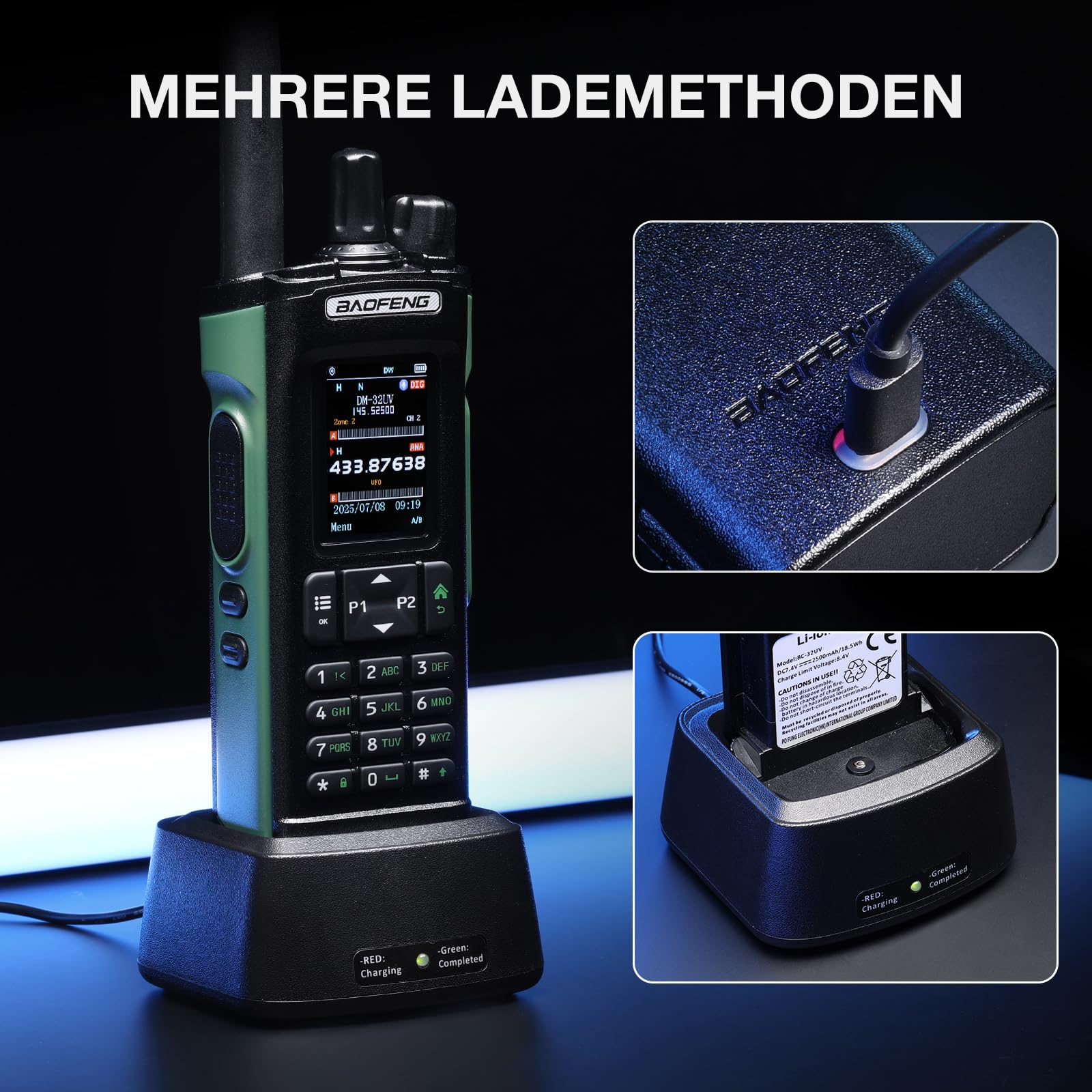 BAOFENG DM-32UV 10W DMR Funkgerät, UHF/VHF/AM/FM Handfunkgerät mit GPS & Digitalem APRS, Tier II Dual Slot, 2" Farbdisplay, 4000 Kanäle, 50K Kontakte, Kofferhalter, Grün