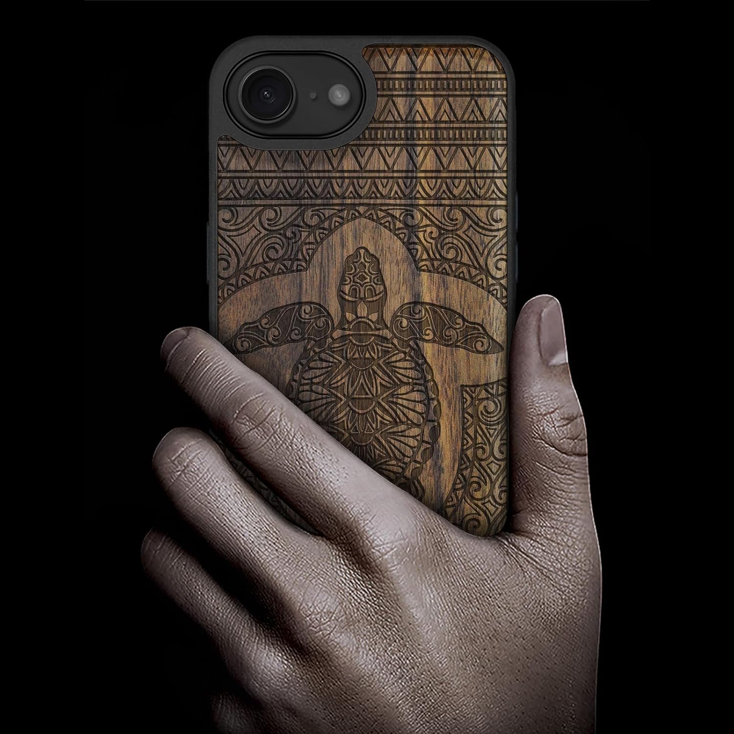 Carveit Magnetic Wooden Case for iPhone 16e / 17e, Solid Wood & Black TPU, Artisan Engraved Design, Shockproof Cover, Compatible with MagSafe Wireless Chargers, The Turtle of Timeless - Walnut