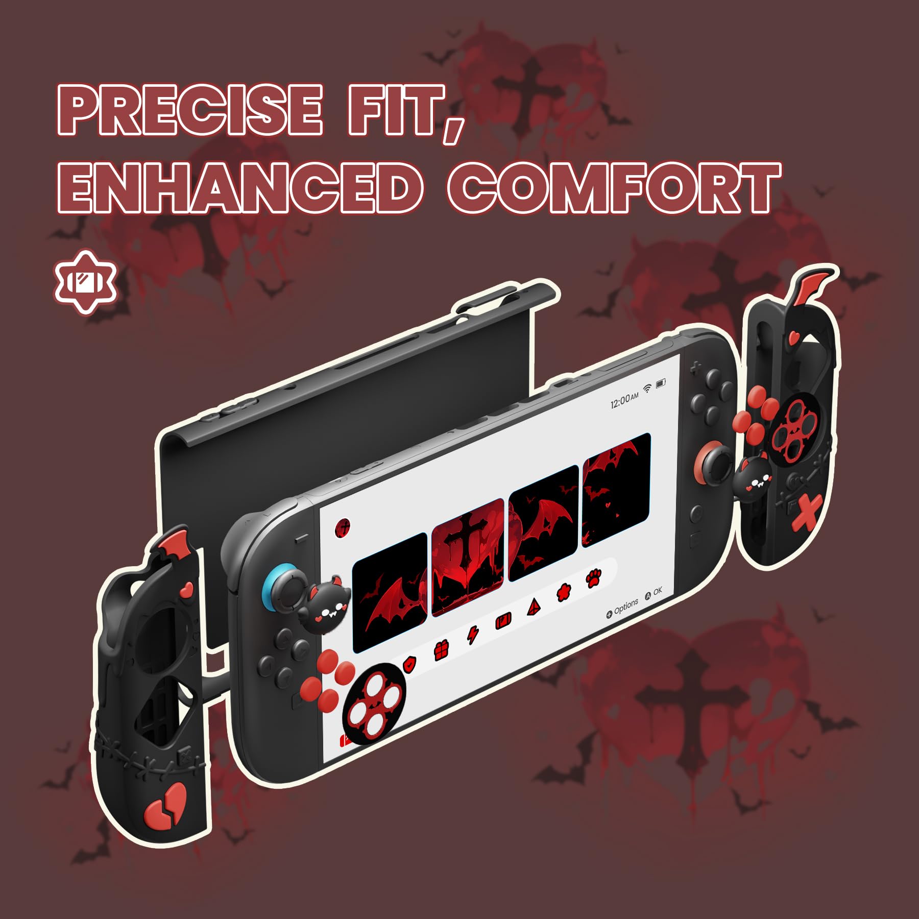 PlayVital Protective Case for Nintendo Switch 2, Kawaii Gothic Imp Series Silicone Grips + Dockable Hard Case Shell for Switch 2 with Thumb Grips & Sticker, Shockproof Protection Cover - Black - 5