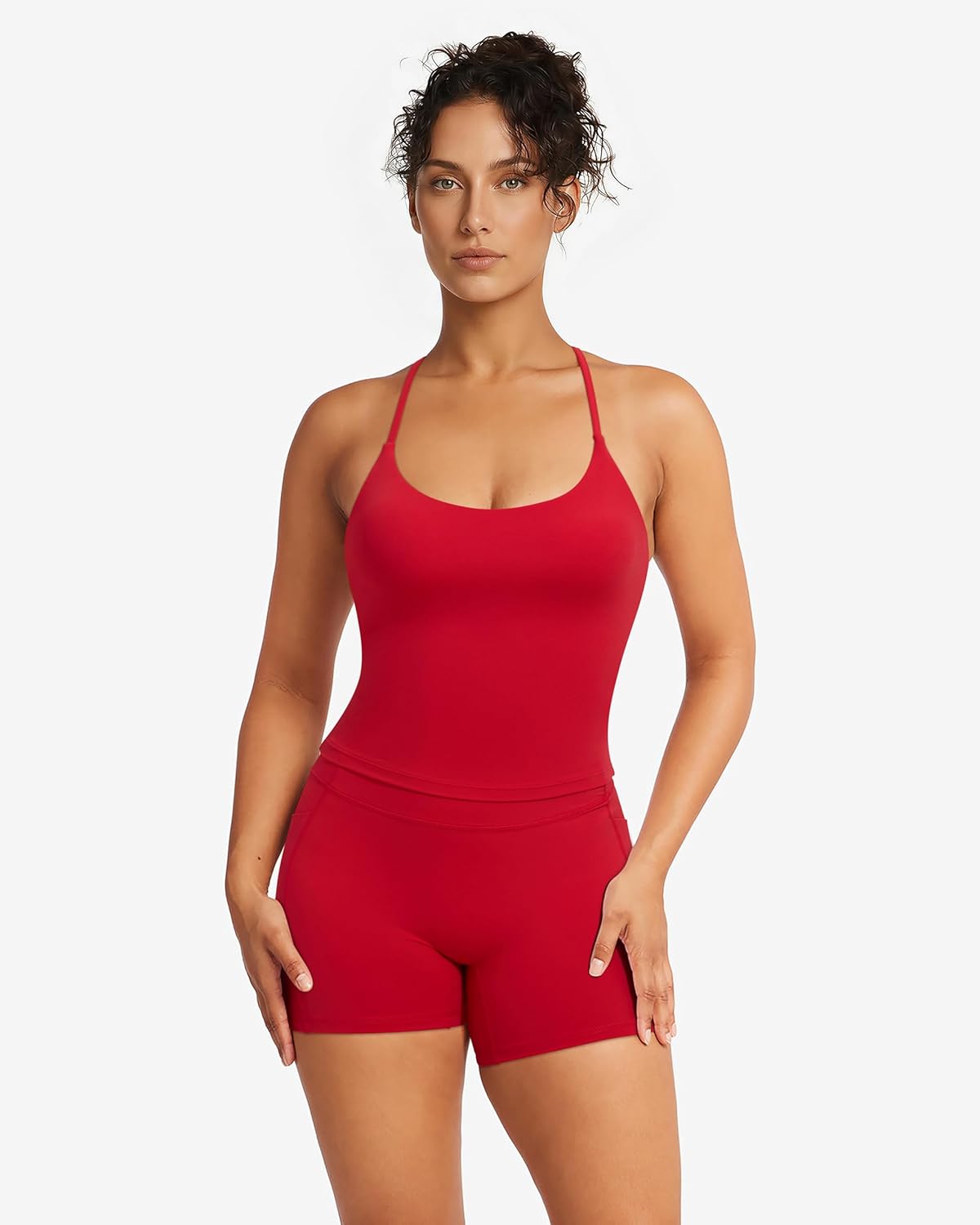 SUUKSESS Women 2 Piece Workout Sets Padded Gym Yoga Tank Top High Waisted Biker Shorts with Pockets