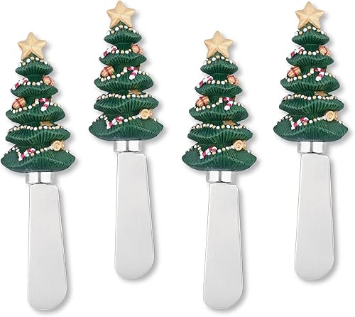 Supreme Housewares Cuchillos esparcidores de queso y mantequilla, decoración navideña, mango de resina pintado a mano de 4 piezas con hoja de acero