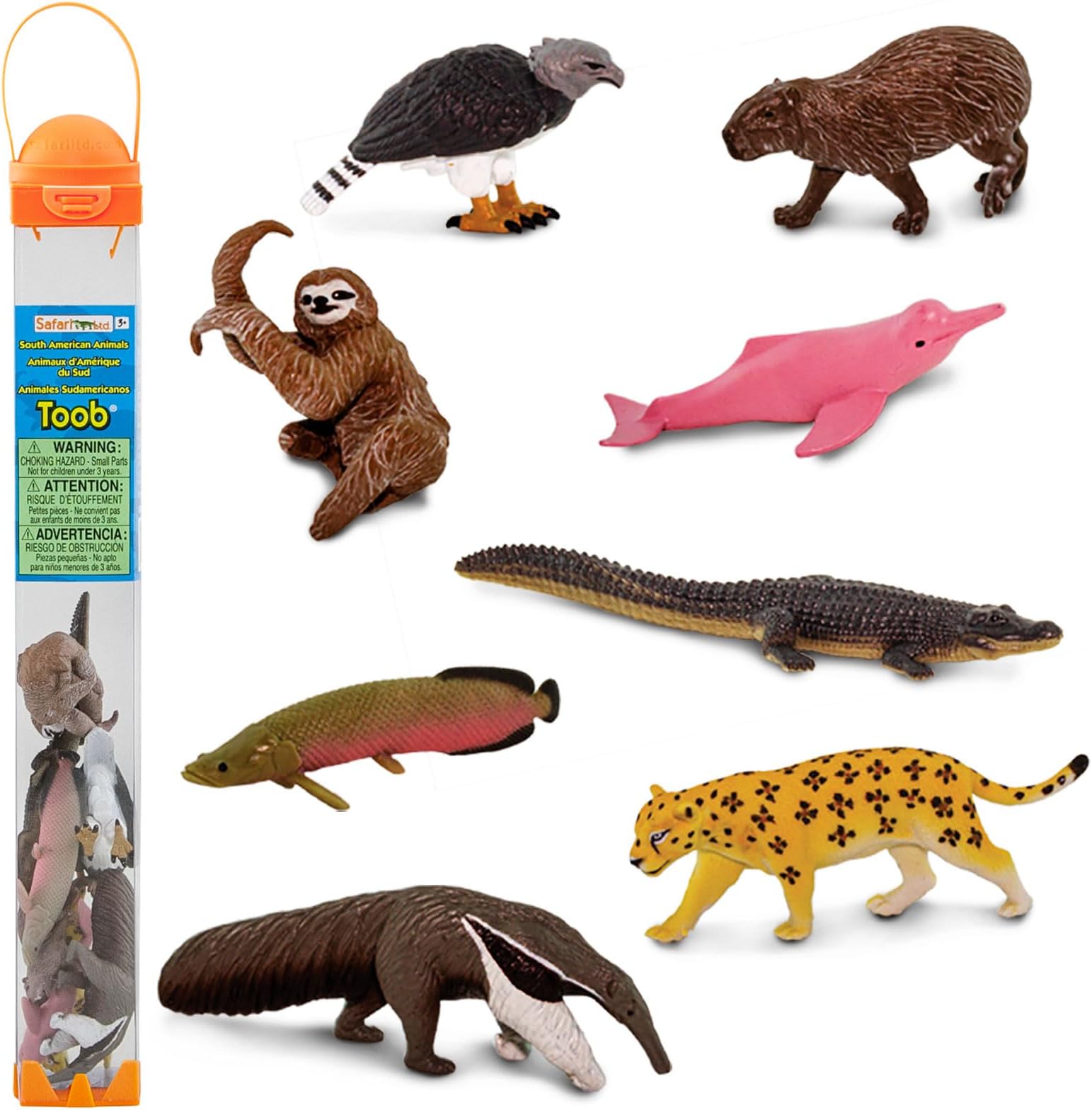 South American Animals TOOB - Toy Figurines of Jaguar, Sloth, Harpy Eagle, Giant Anteater, Capybara, Arapaima, Boto (Pink River Dolphin), & Caiman - Boys, Girls & Kids Toys Ages 3+