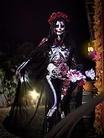 Vista 3 de UQJE Disfraz de esqueleto de Halloween para mujer, overol elástico con estampado, traje de cosplay