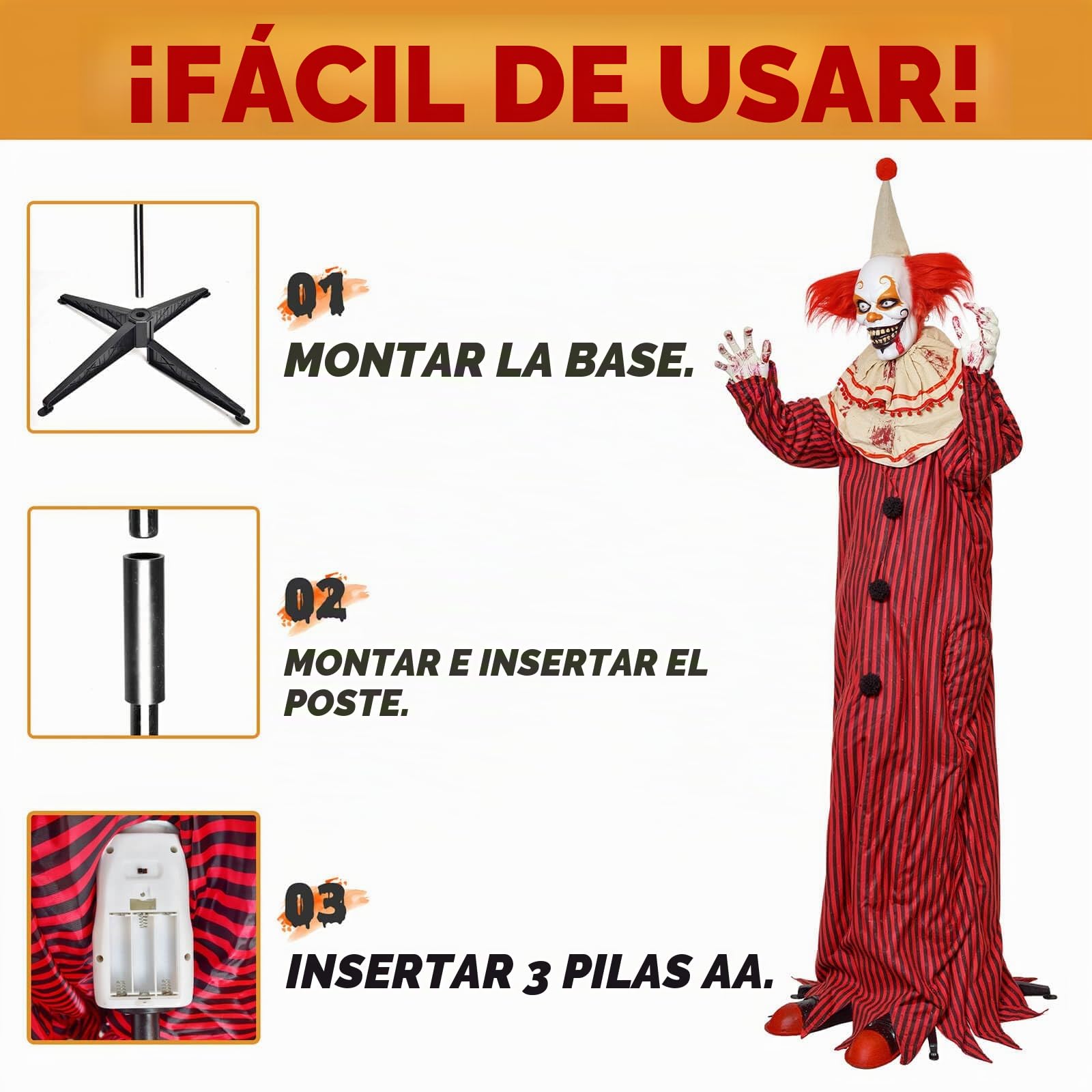 Presence Decoraciones de Halloween de 72 Pulgadas para Exteriores, Payaso animatrónico de pie con Ojos Rojos iluminados, Brazos y Cabeza móviles activados por Movimiento y Sonido, Payaso Aterrador