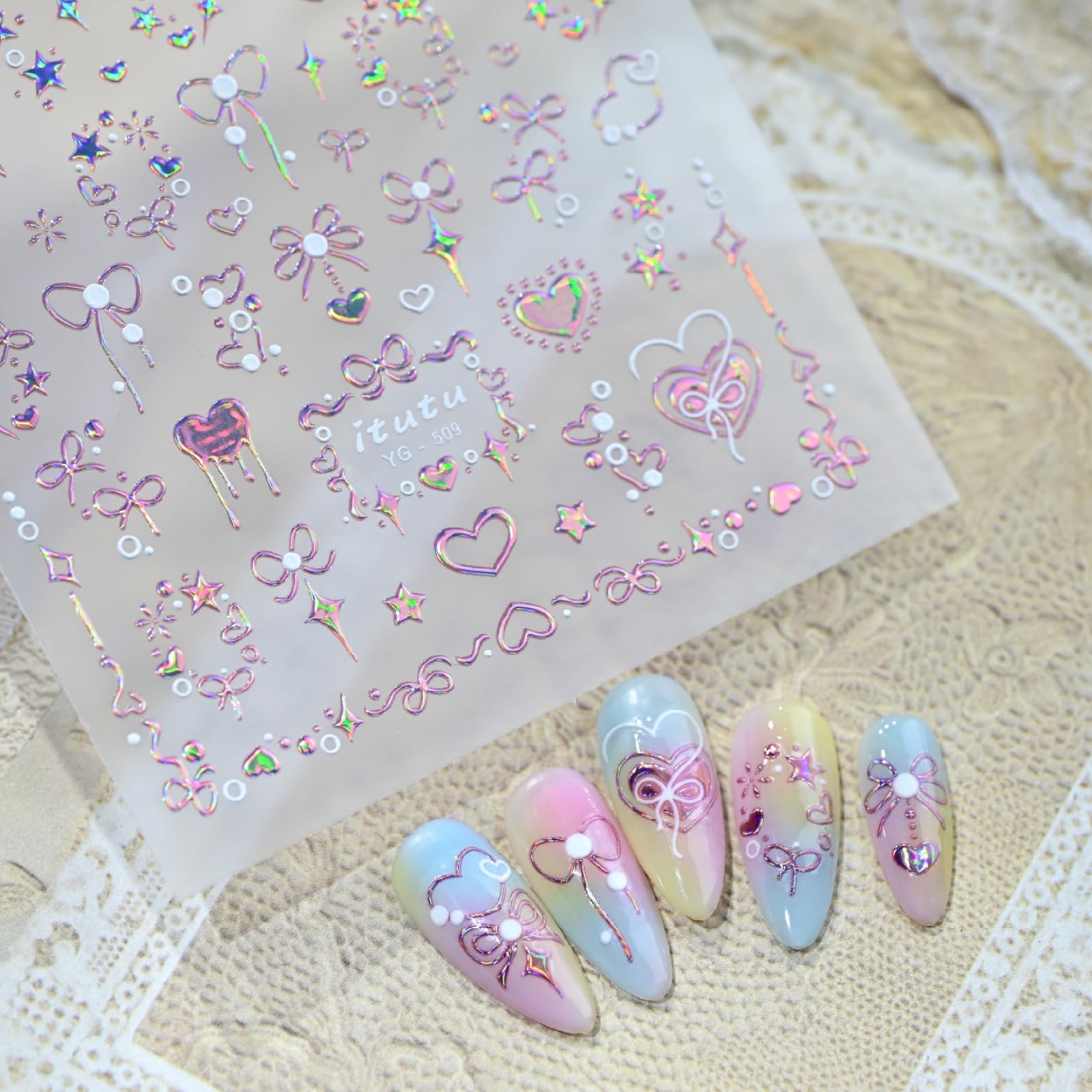 Valentine's Nail Stickers Heart Nail Art Stickers Romantic Rose Gold with Bow Design Pink Nails Decals 5D Embossed Self Adhesive Nails Charms Supply for Women Manicure DIY Decoration