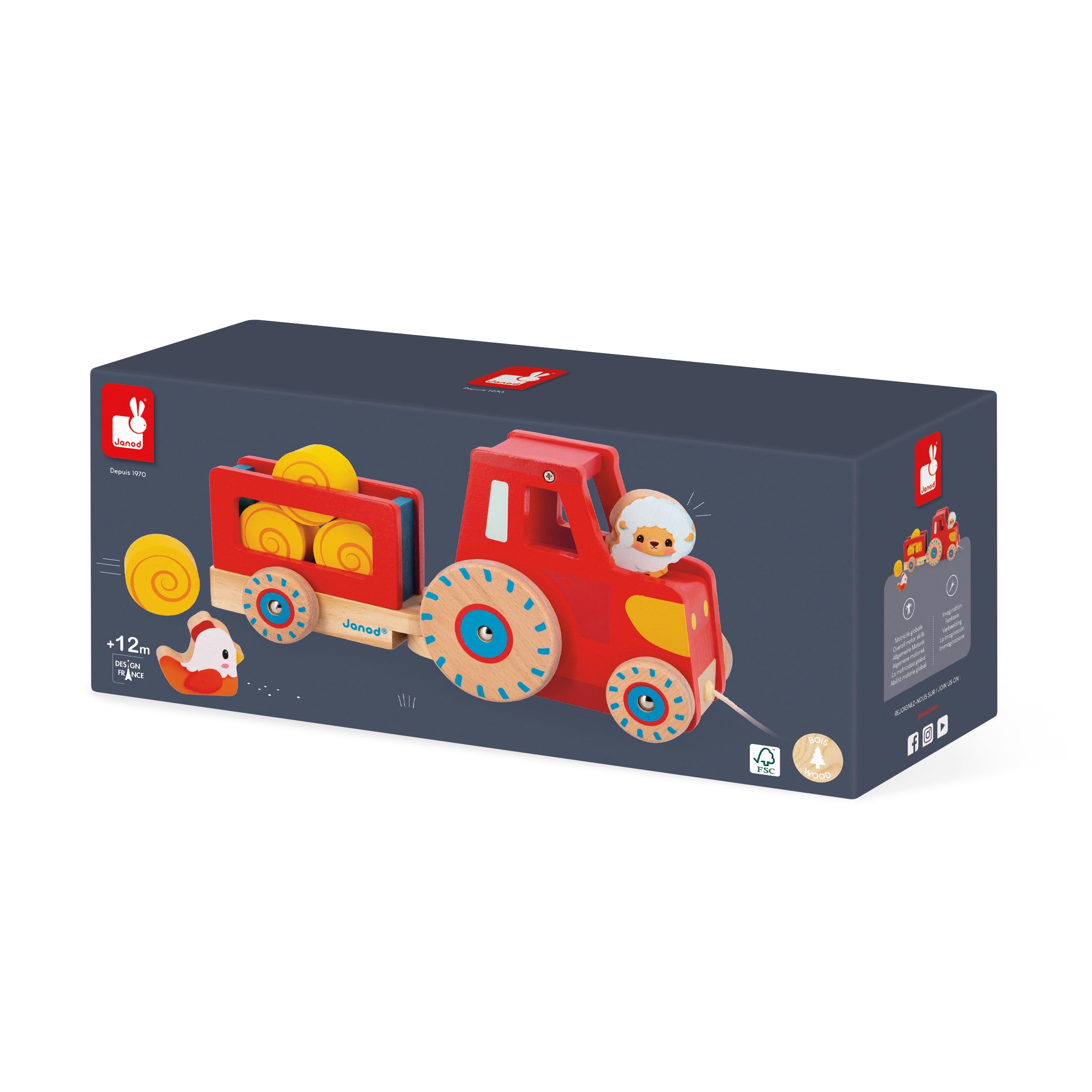 Janod - Trattore da Trainare - Giocattolo Multisensoriale - 1 Trattore per Bambini + 6 Accessori - Ruote silenziose - Sviluppa Le Abilità Motorie - Giocattolo in Legno FSC - dai 12 Mesi, J03317