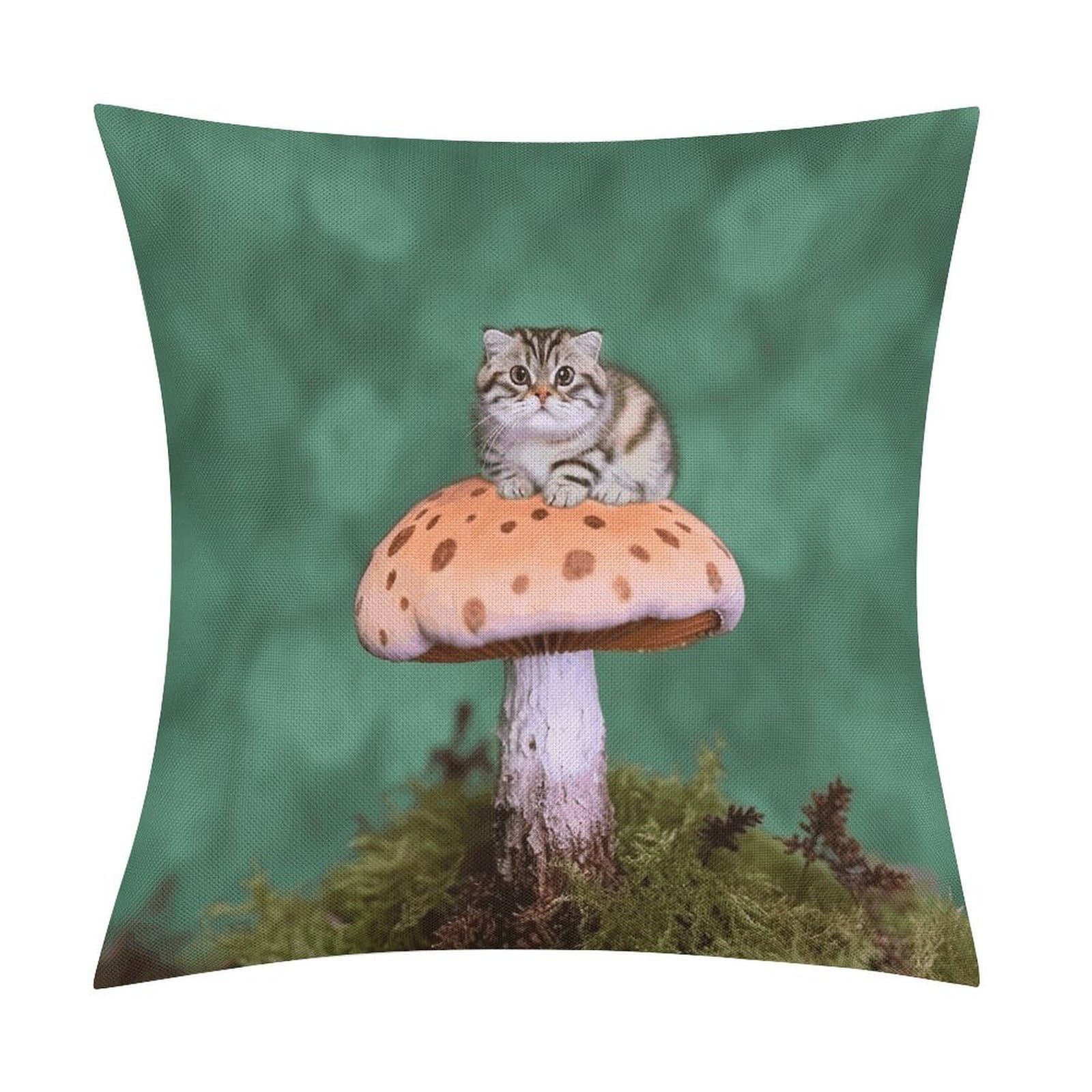 FekiLoot Cat on Mushroom Throw Pillow Cover Soft Square Cushion Case Farmhouse Cushion Cover Decorative Pillow Cover Modern Pillowcase for Sofa Living Room Bed Home Decor 18x18 Inch