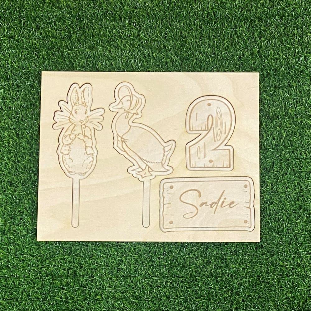 Peter Rabbit Party Cake Toppers and Charms, Personalisable Childrens Cake Decoration, Birthdays Christening Wooden Cake Topper with Message
