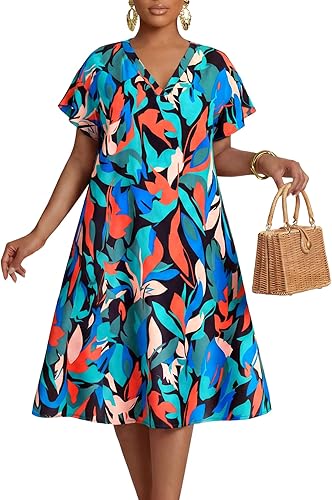 Rooscier Women's Floral A Line Summer Dress V Neck Short Sleeve Flowy Casual Lon