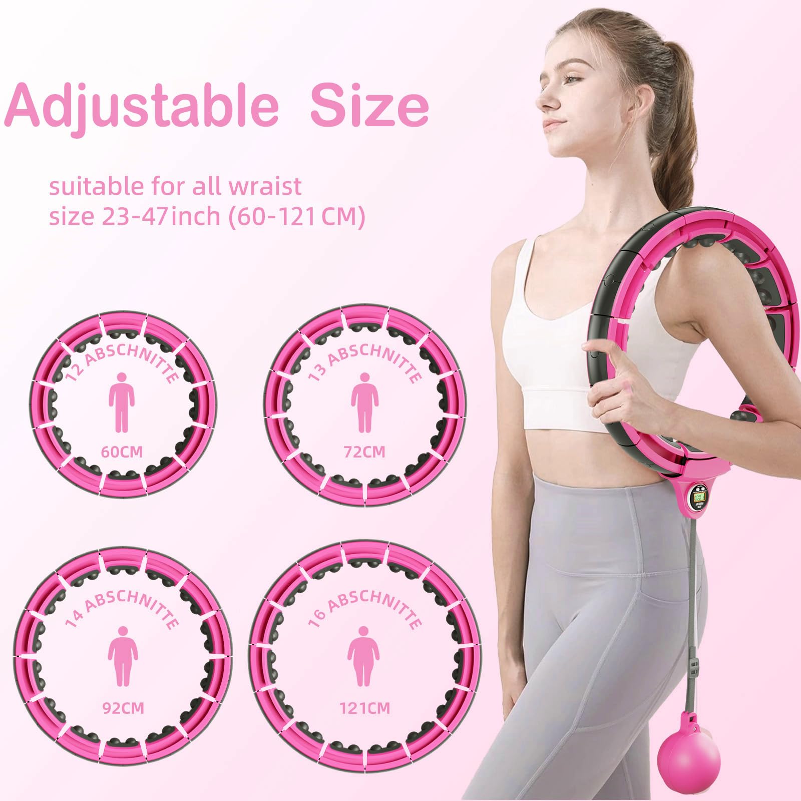 Hula Hoop intelligente con palla di peso, hula hoop per adulti con magneti per massaggi, contatore LED intelligente, ruote silenziose, cerchi Hoola rimovibili a casa, allenamento addominale