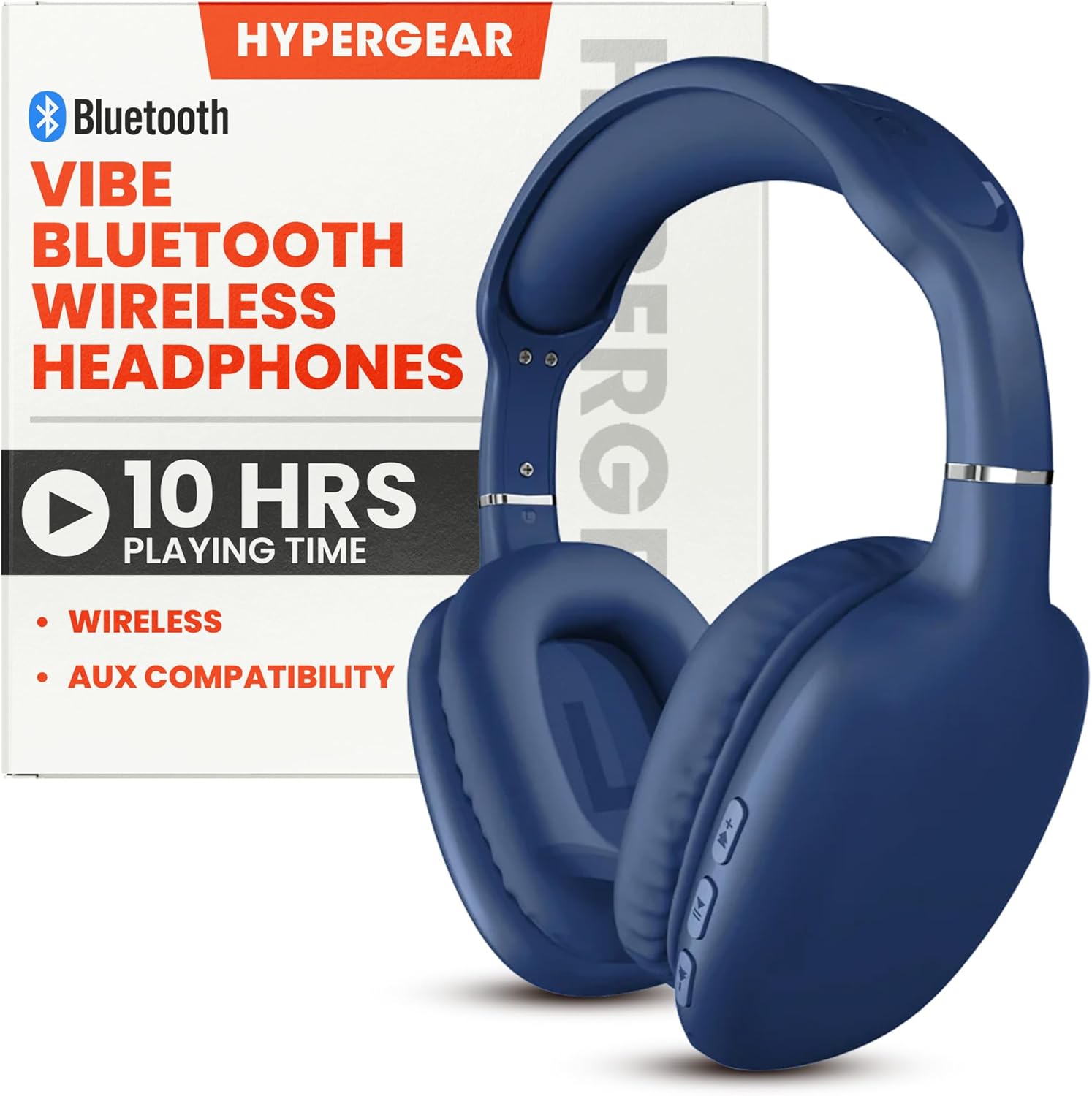 HyperGear Wireless Headphones Bluetooth Blue- Noise Isolation Headphones Wireless Over The Ear Head Phones, Gym Headset Built-in Mic Controls Square Foam Cups Foldable Headphone for Women and Men