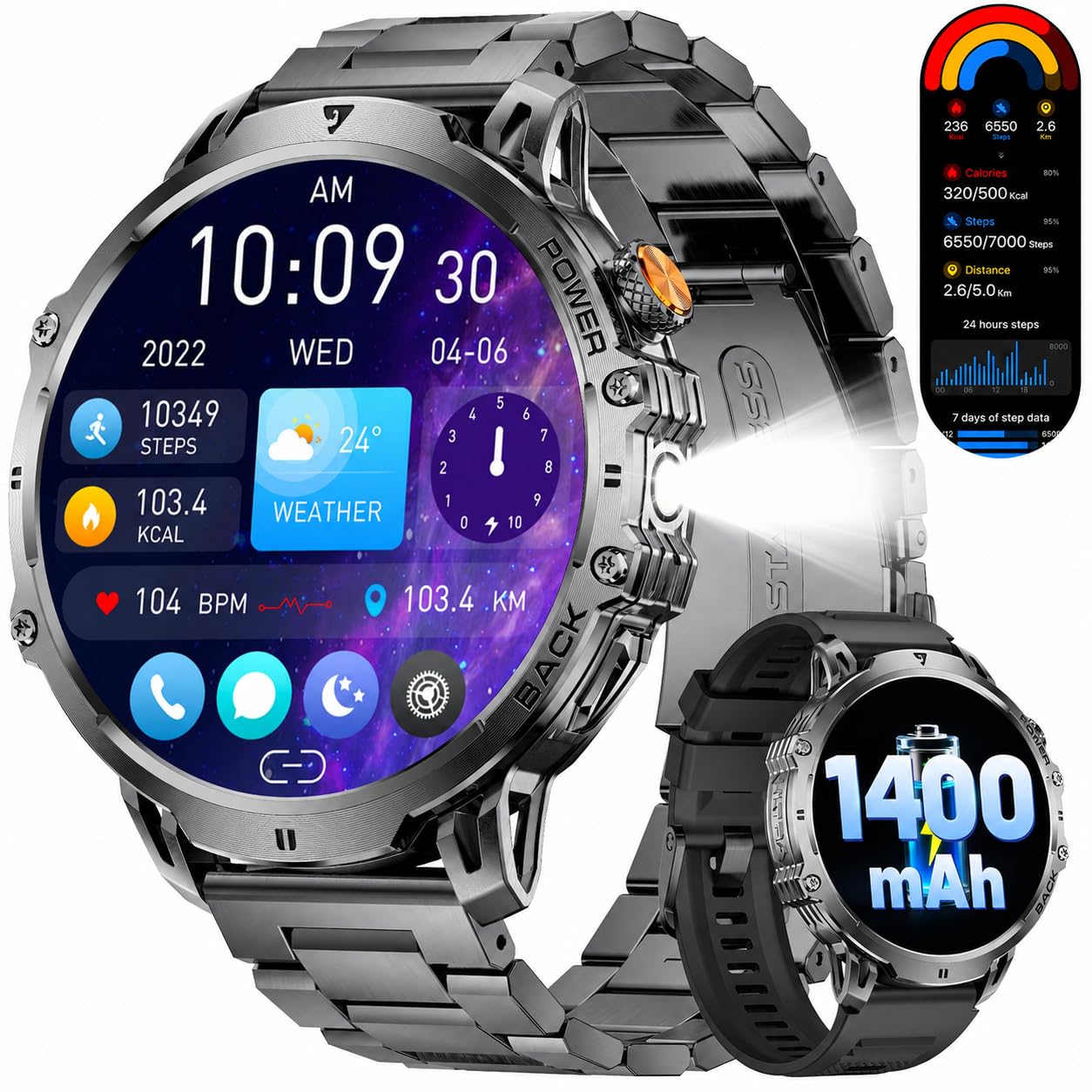 LIGE Militär Smartwatch Herren - 1400 mAh/1,85" HD Großes Touchscreen/LED-Licht, Fitnessuhr mit 110+ Sportmodi, Herz-/Schlaftracking,2 Armbändern,IP68 wasserdicht, Sportuhr für iOS/Android, Schwarz