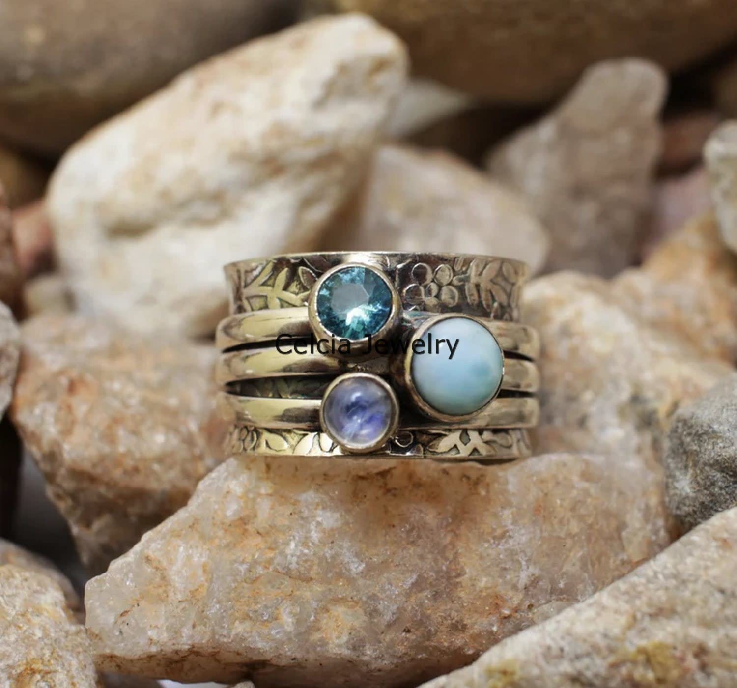 Larimar, blauer Topas und Mondstein mit mehreren Edelsteinen, einzigartiger Spinner-Ring, Spinning-Ring für Frauen, Angst-Spin-Ring, Fidget-Ring, Meditationsring, Geburtsstein-Ring