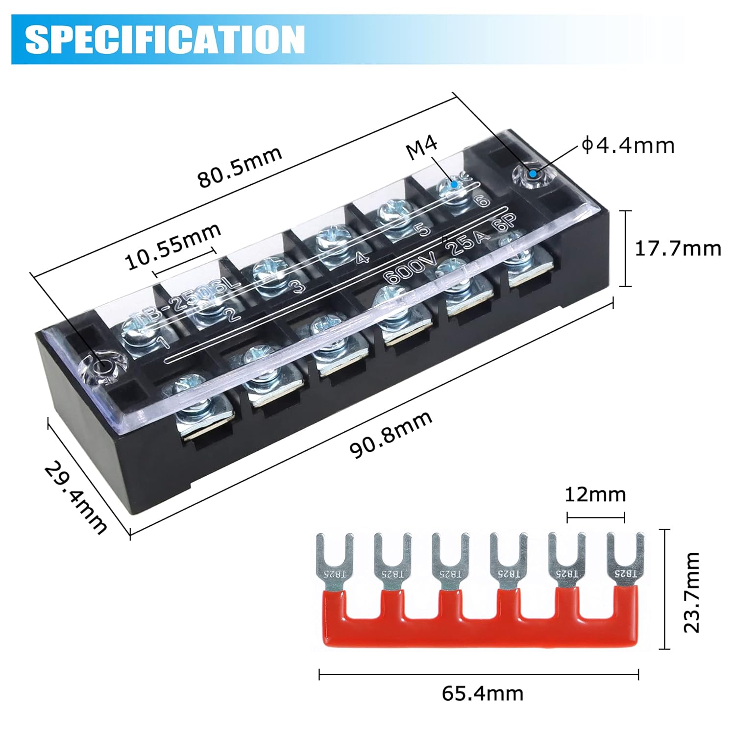 FIXITOK Terminal Strip Block - 5 Sets 6 Positions 600V 25A Electrical Junction Block With Cover - Dual Row Screw Terminal + 400V 25A Pre-Insulated Barrier Strip Jumper