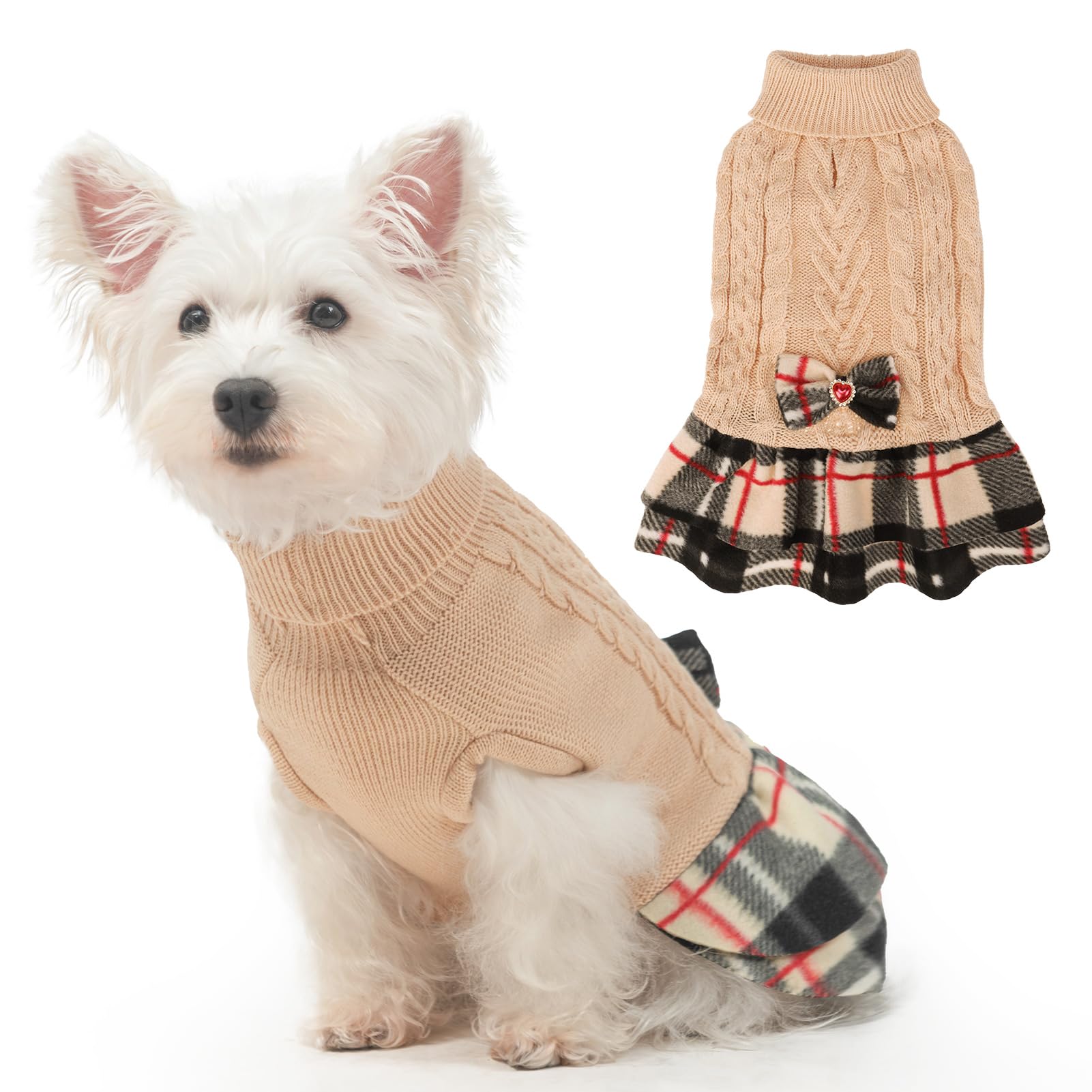 BEAUTYZOO Hundepullover für Mädchen, Zopfmuster, Hundepullover für kleine Hunde und Mädchen – Rollkragenpullover mit kariertem Rock und Fliege, warmes Hunde-Strickkleid für kaltes Wetter, Winter