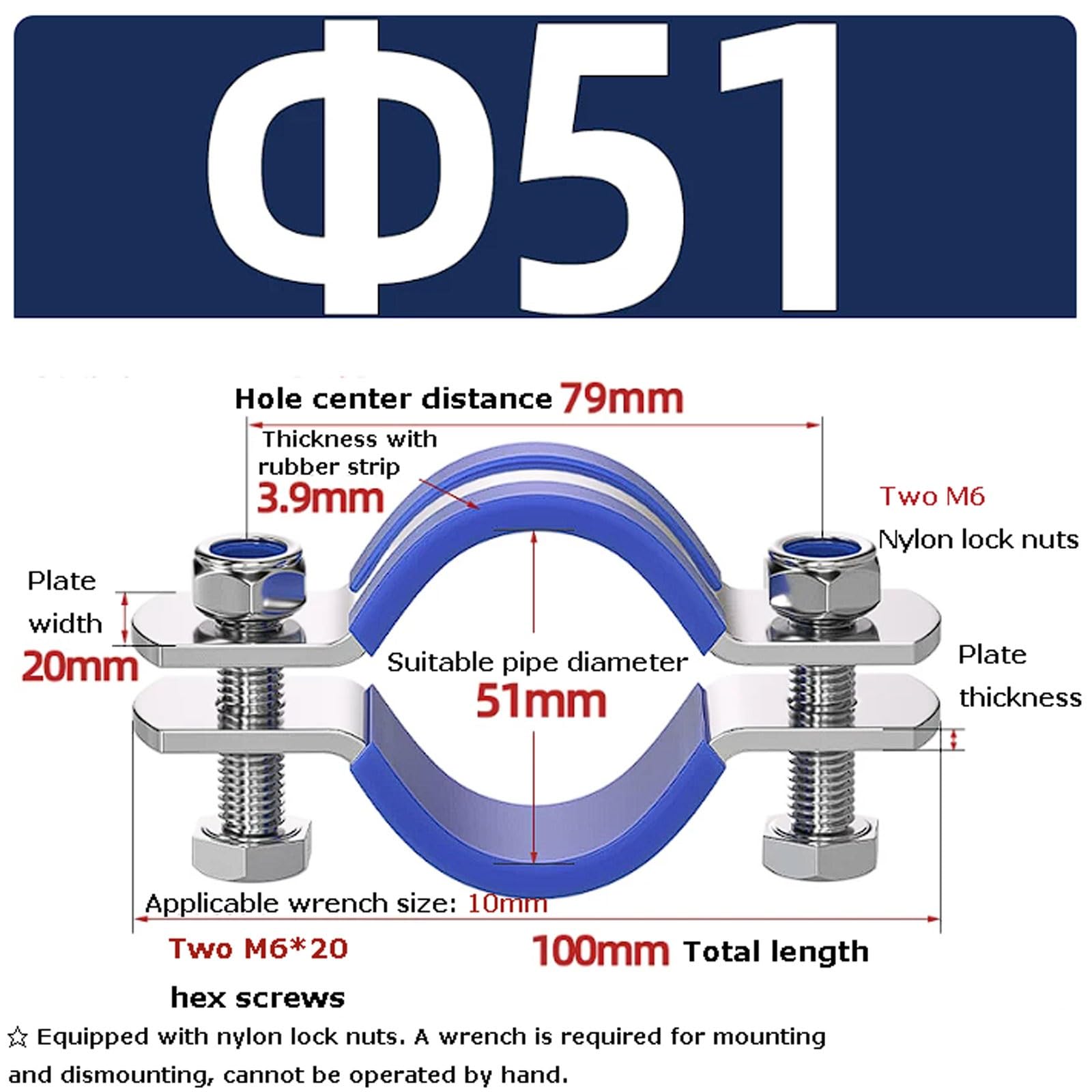 Paquete de 6 abrazaderas planas de acero para postes, dispositivos de fijación de doble cara galvanizados para postes de cemento, postes de luz, columnas, con goma Hebilla de fijación(51mm)