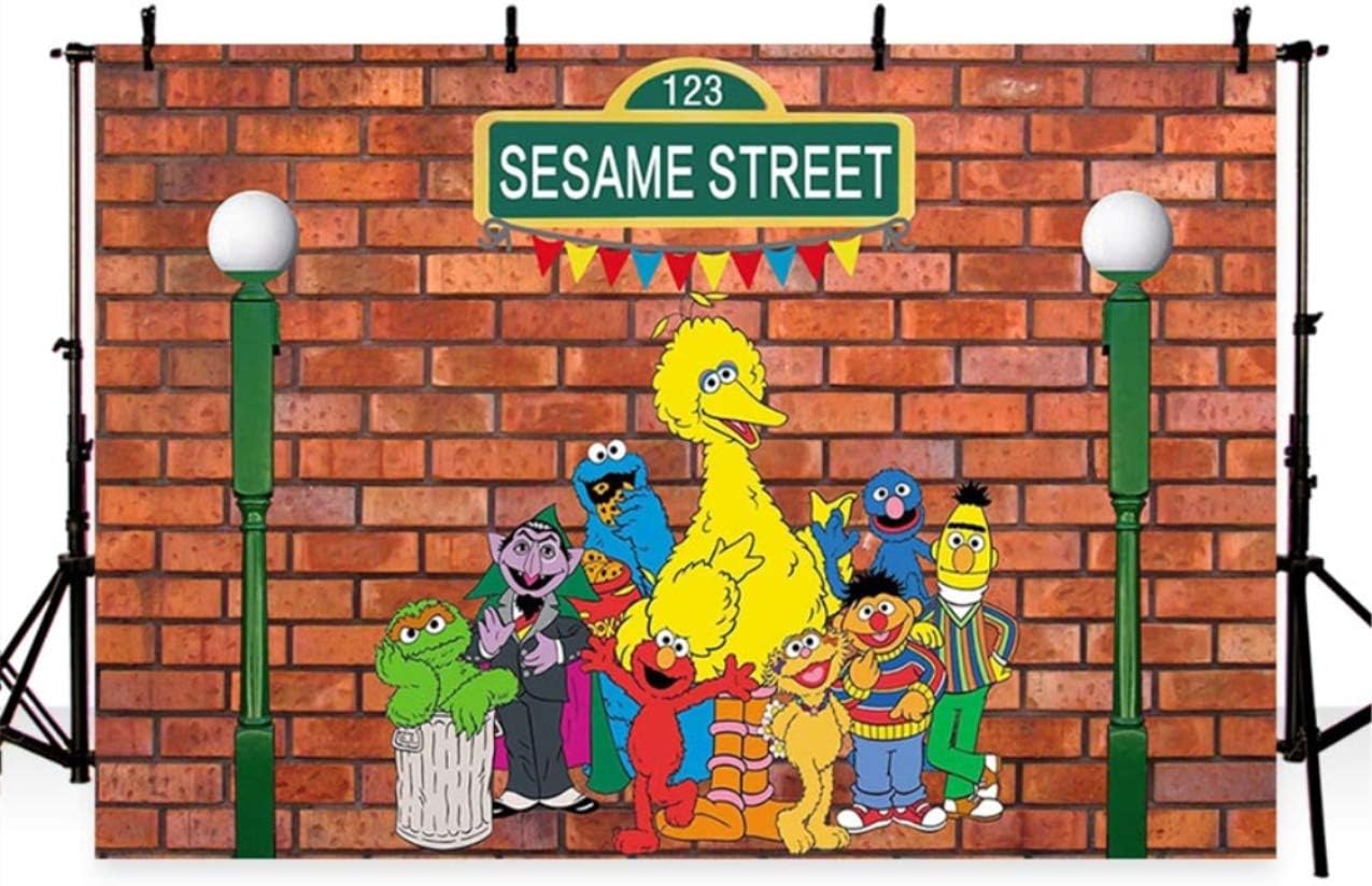 Sesame Street Background for Birthday 7x5 Brick Wall Photo Background Kids Birthday Cartoon Elmo Backdrops with Street Light Photo Backdrop Vinyl